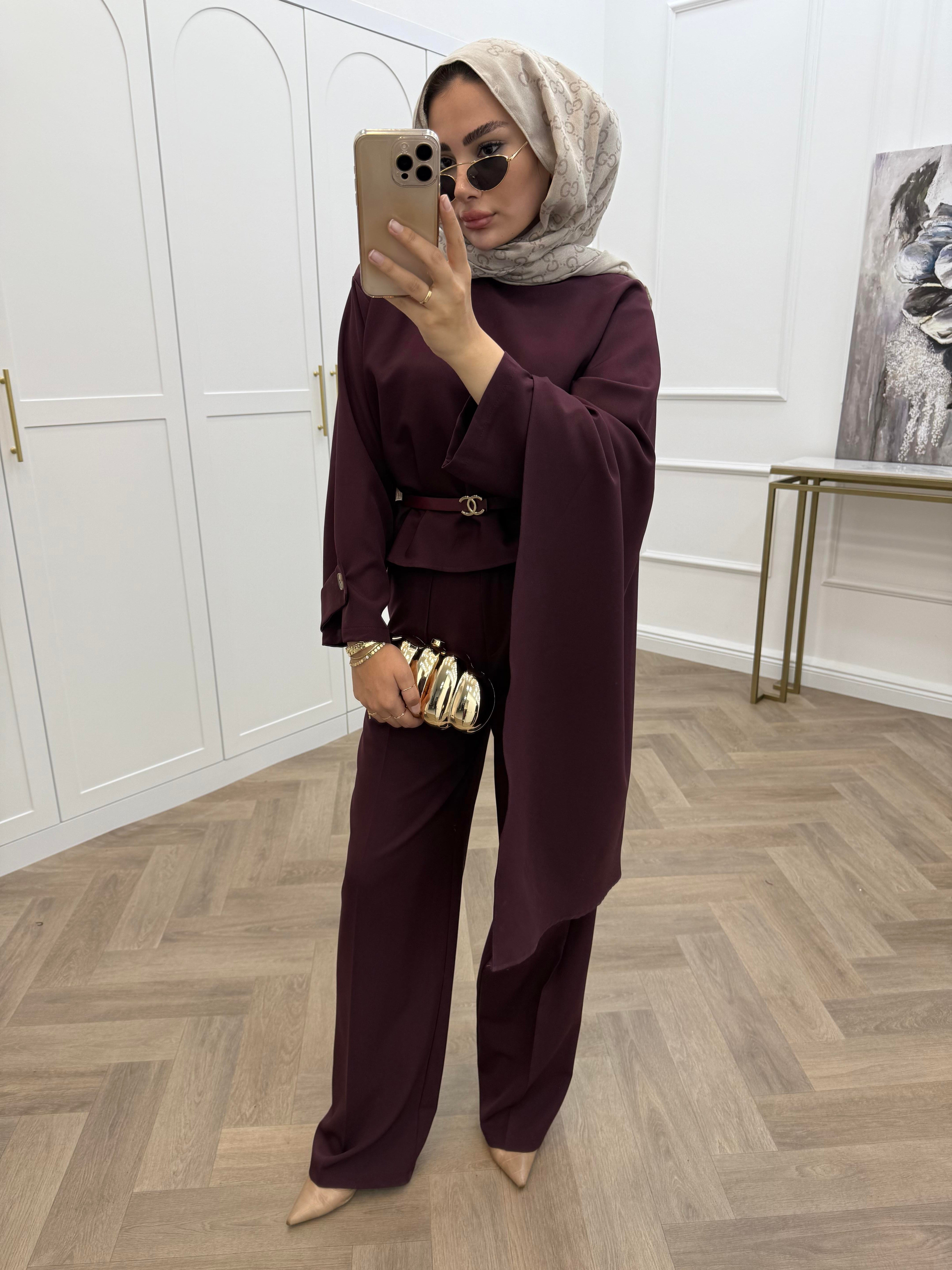 ŞAL DETAY KOL APOLETLİ PANTOLONLU TAKIM BORDO