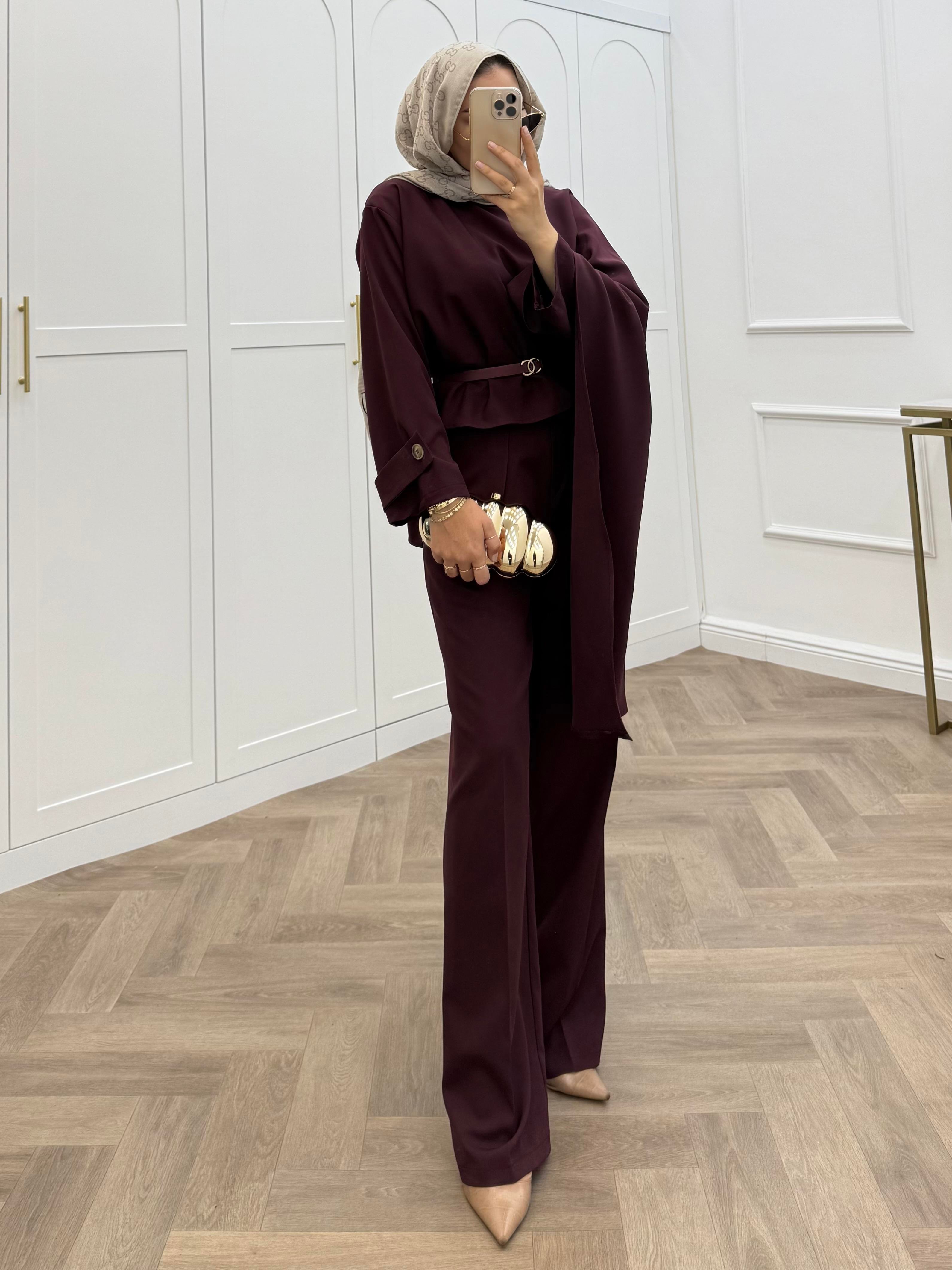 ŞAL DETAY KOL APOLETLİ PANTOLONLU TAKIM BORDO