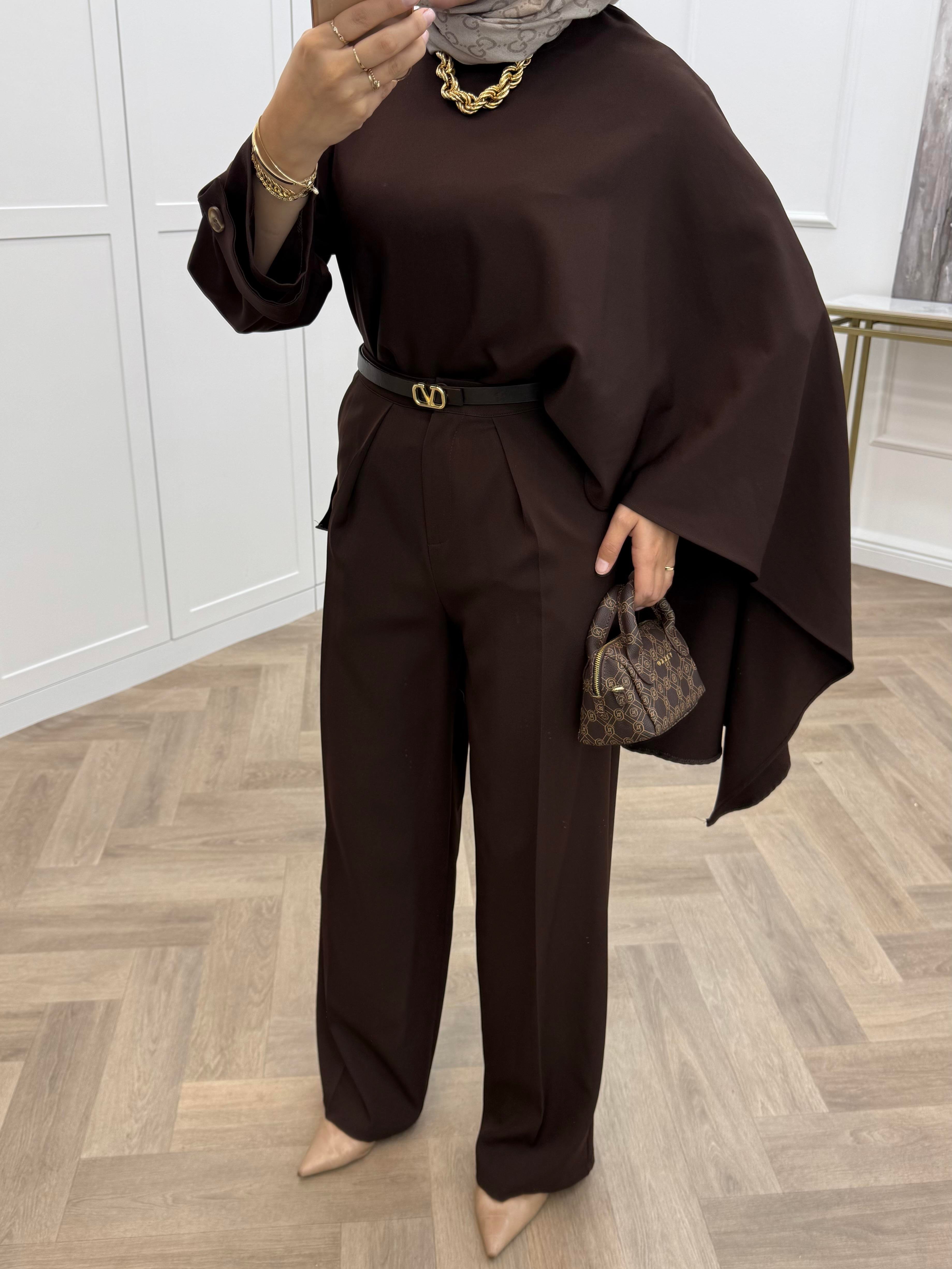 ŞAL DETAY KOL APOLETLİ PANTOLONLU TAKIM  KAHVE