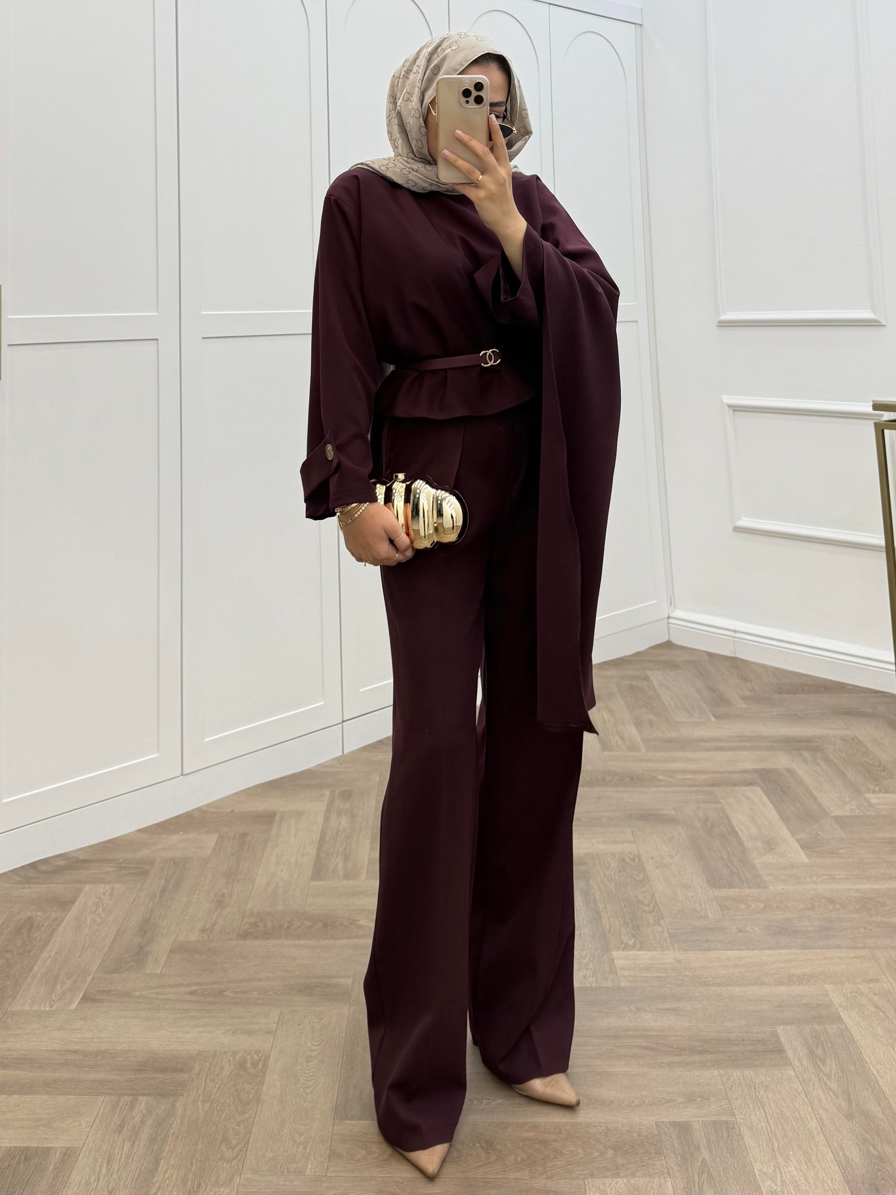 ŞAL DETAY KOL APOLETLİ PANTOLONLU TAKIM BORDO