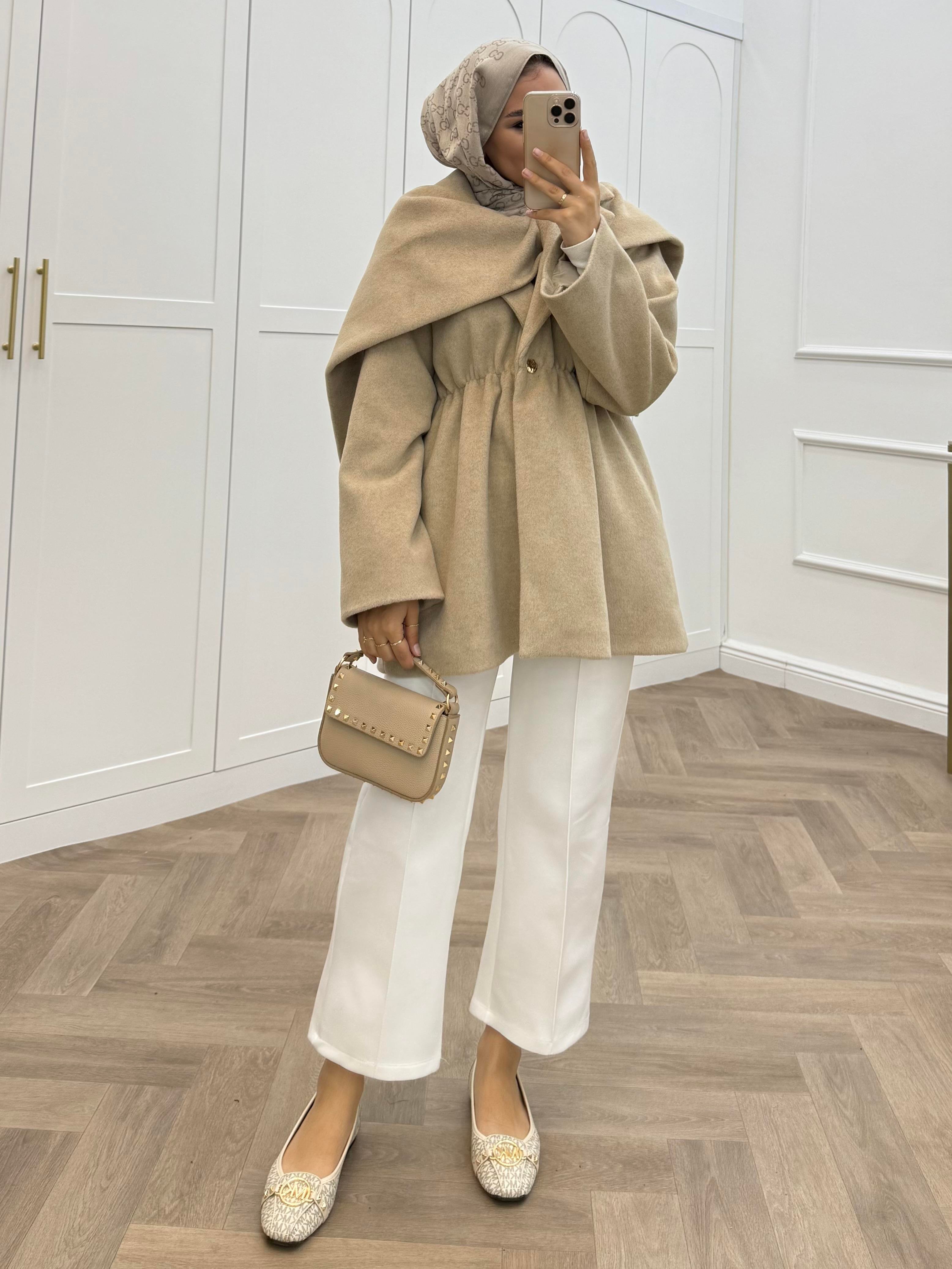 ŞAL DETAYLI KAŞE CEKET BEJ