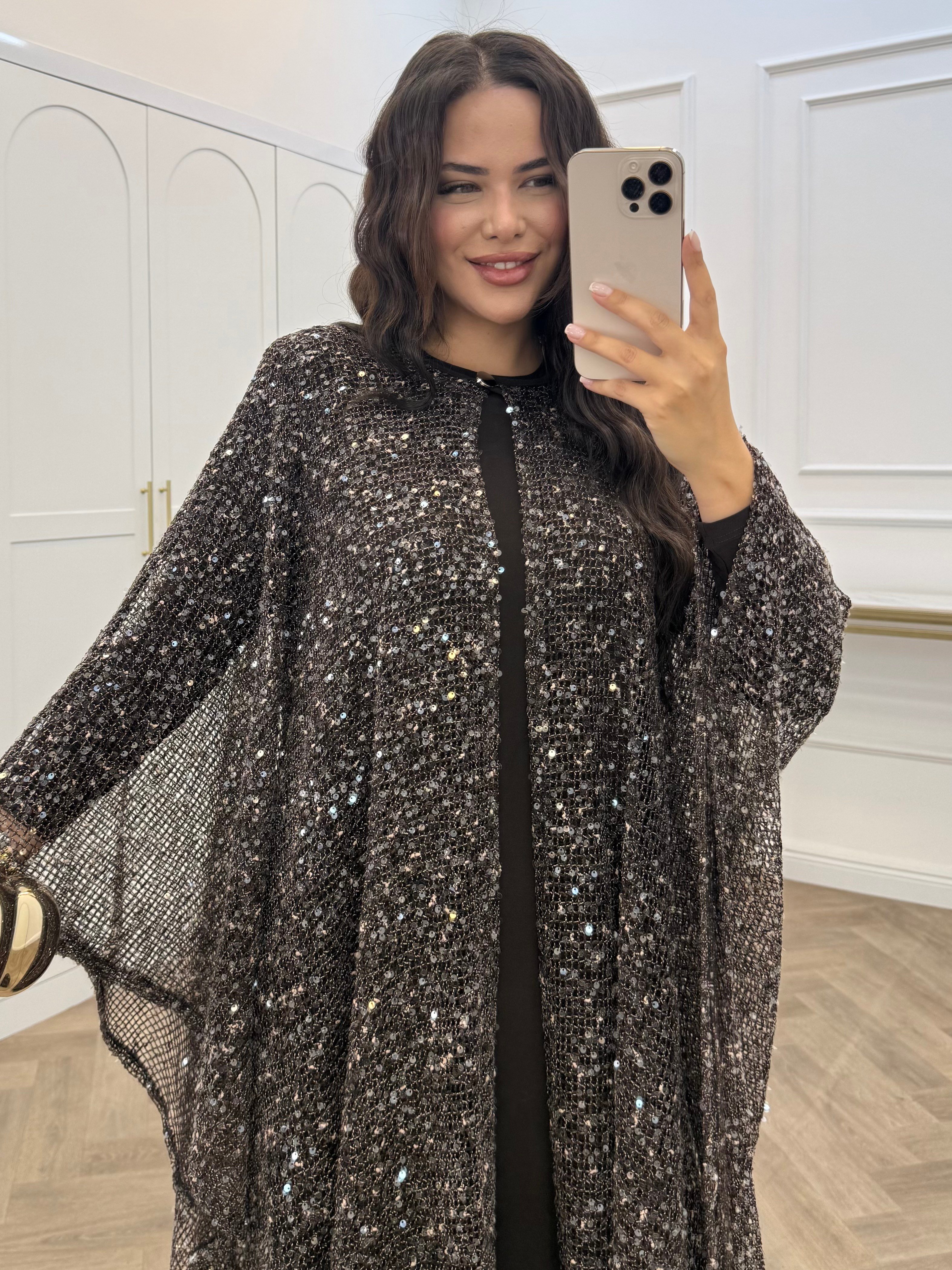 SARA PELERİN DETAY PAYETLİ ELBİSE KAHVE