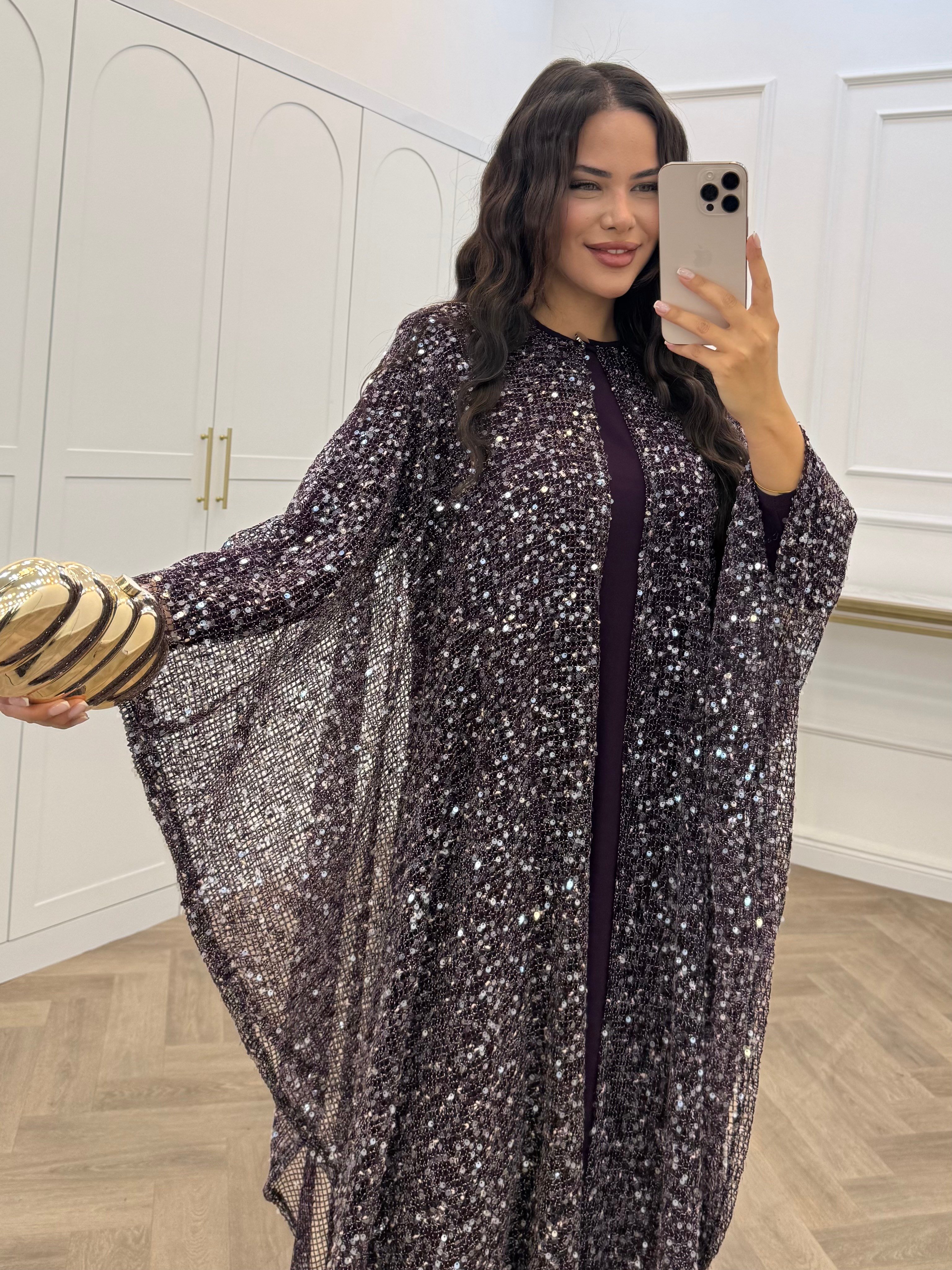 SARA PELERİN DETAY PAYETLİ ELBİSE MOR
