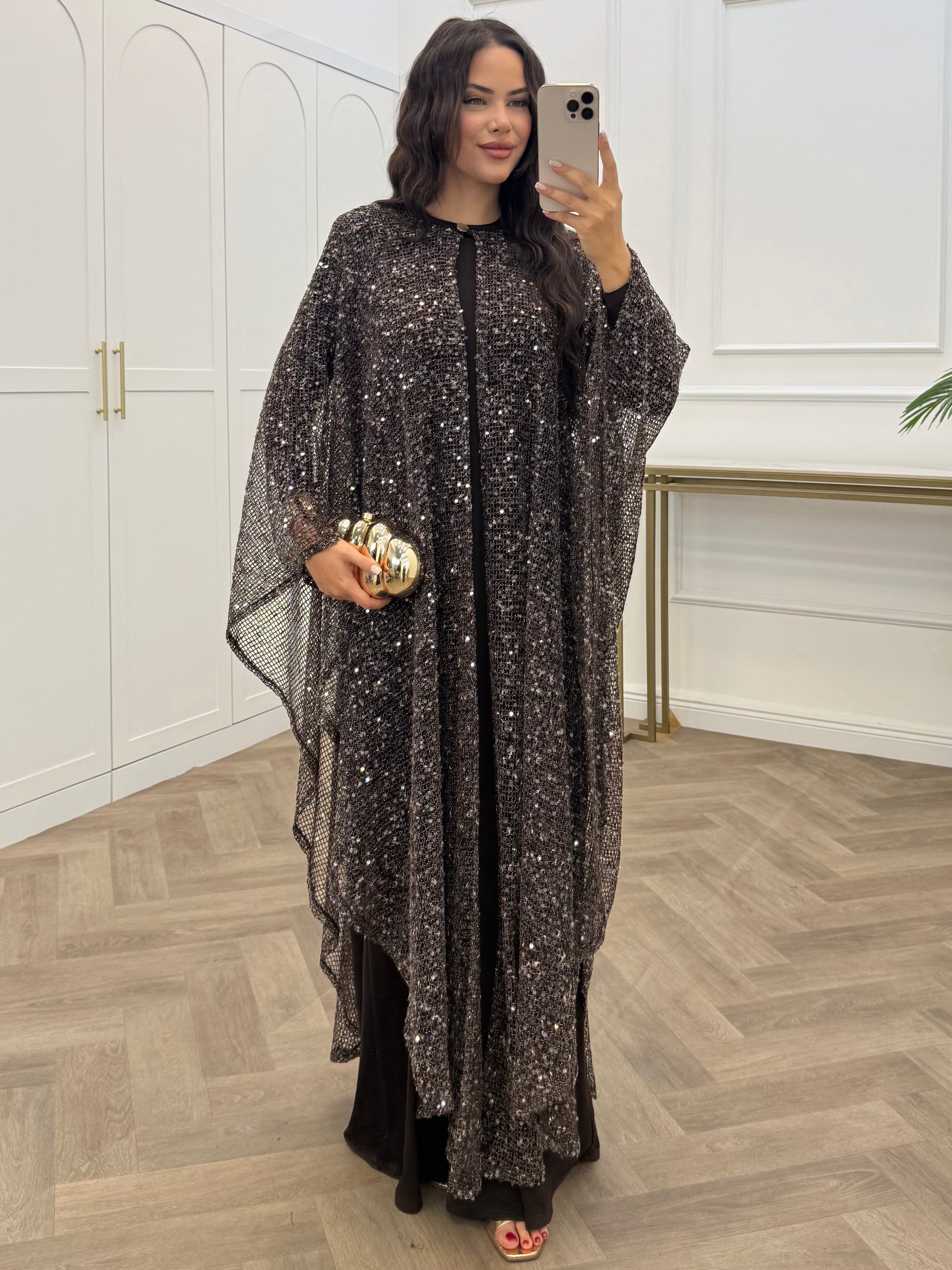 SARA PELERİN DETAY PAYETLİ ELBİSE MOR