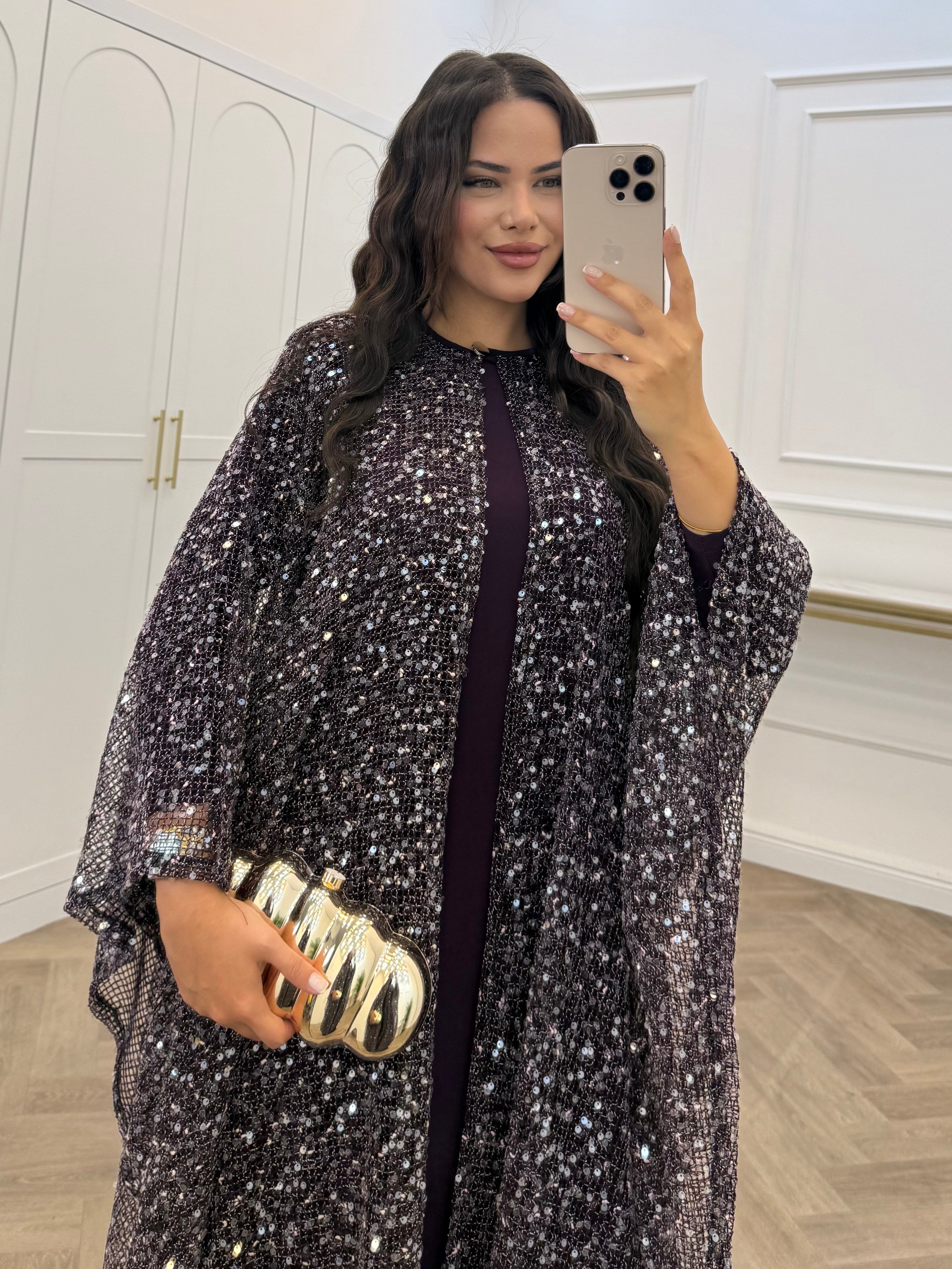 SARA PELERİN DETAY PAYETLİ ELBİSE MOR