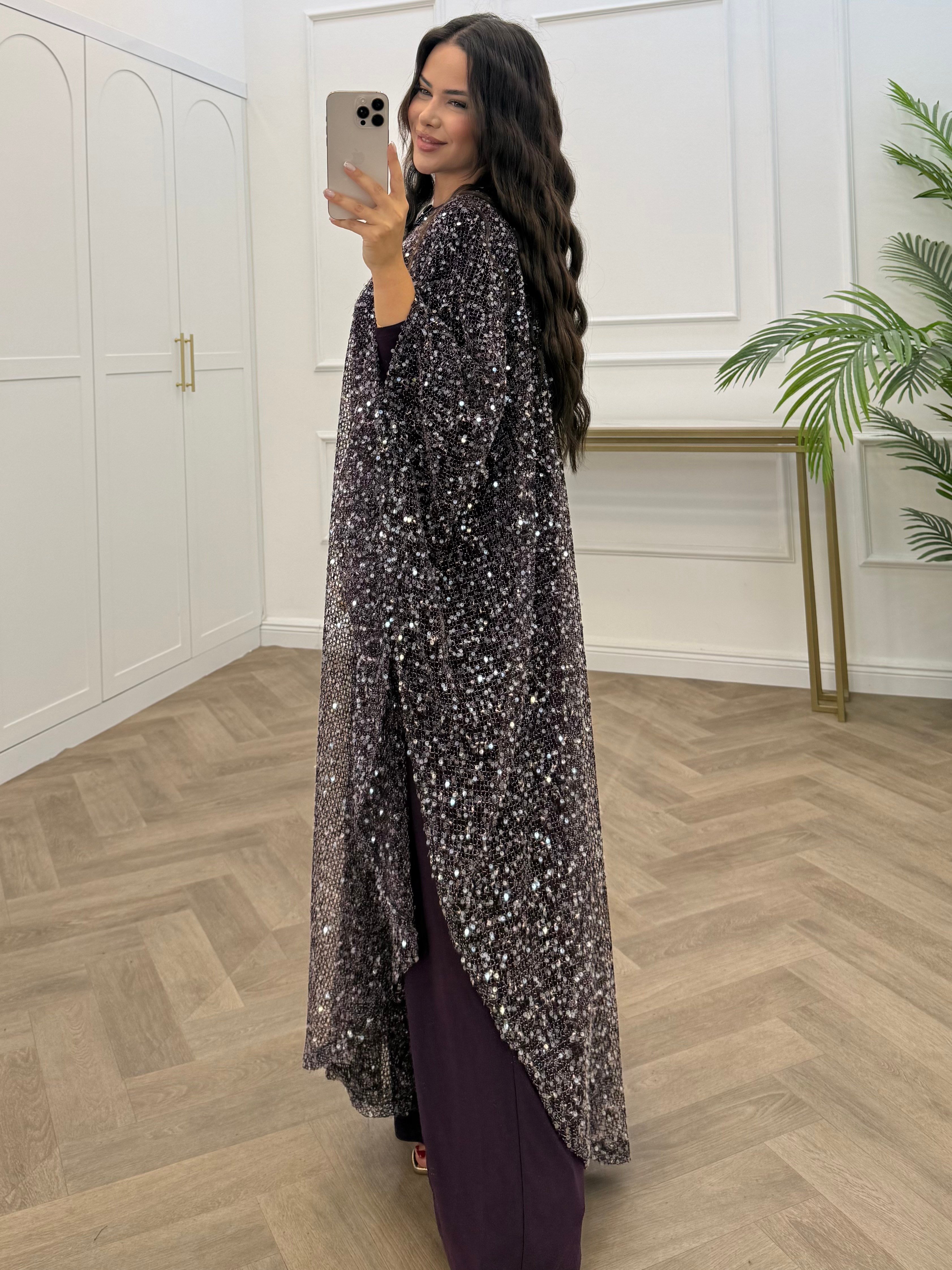 SARA PELERİN DETAY PAYETLİ ELBİSE MOR
