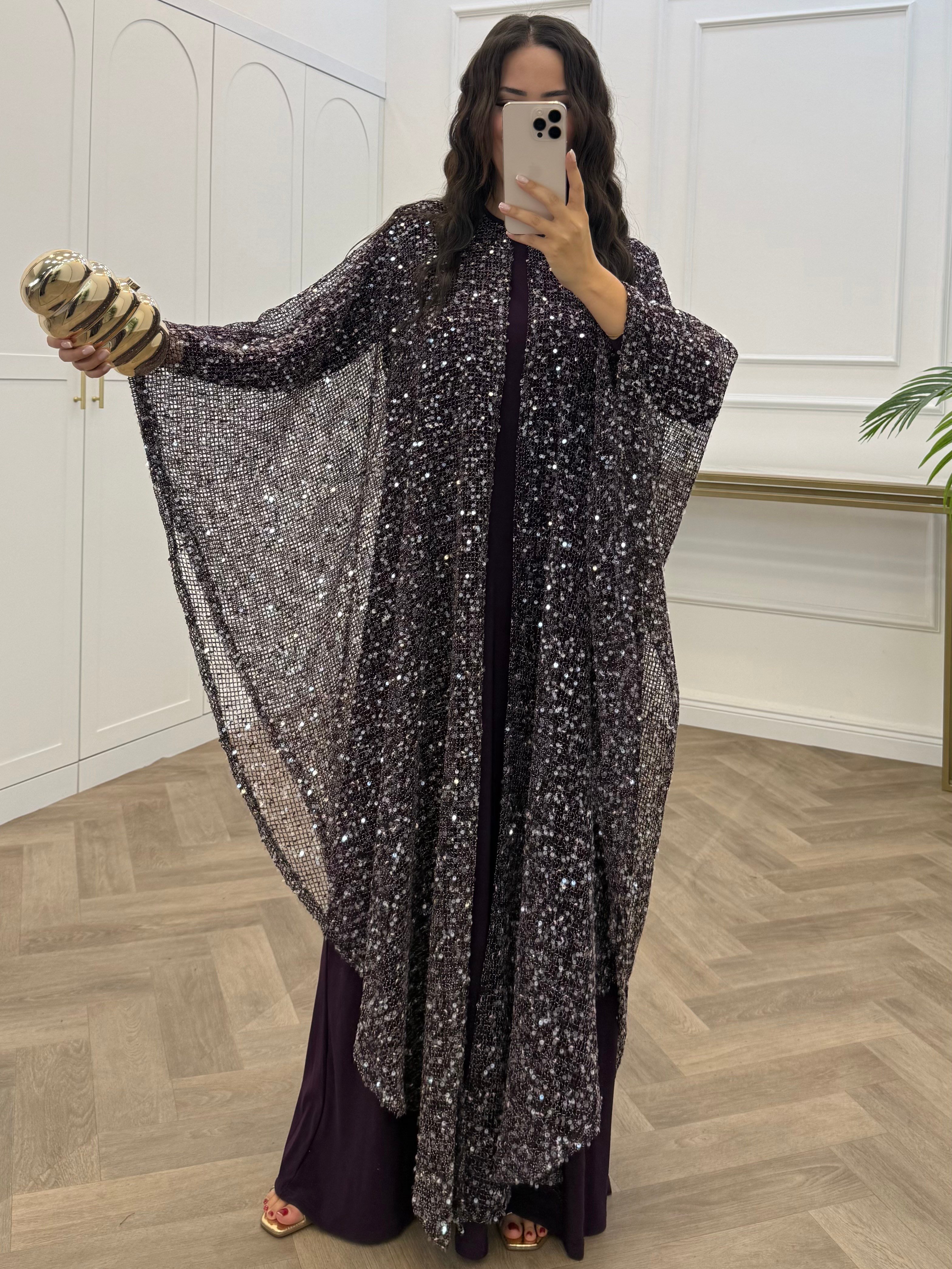 SARA PELERİN DETAY PAYETLİ ELBİSE MOR