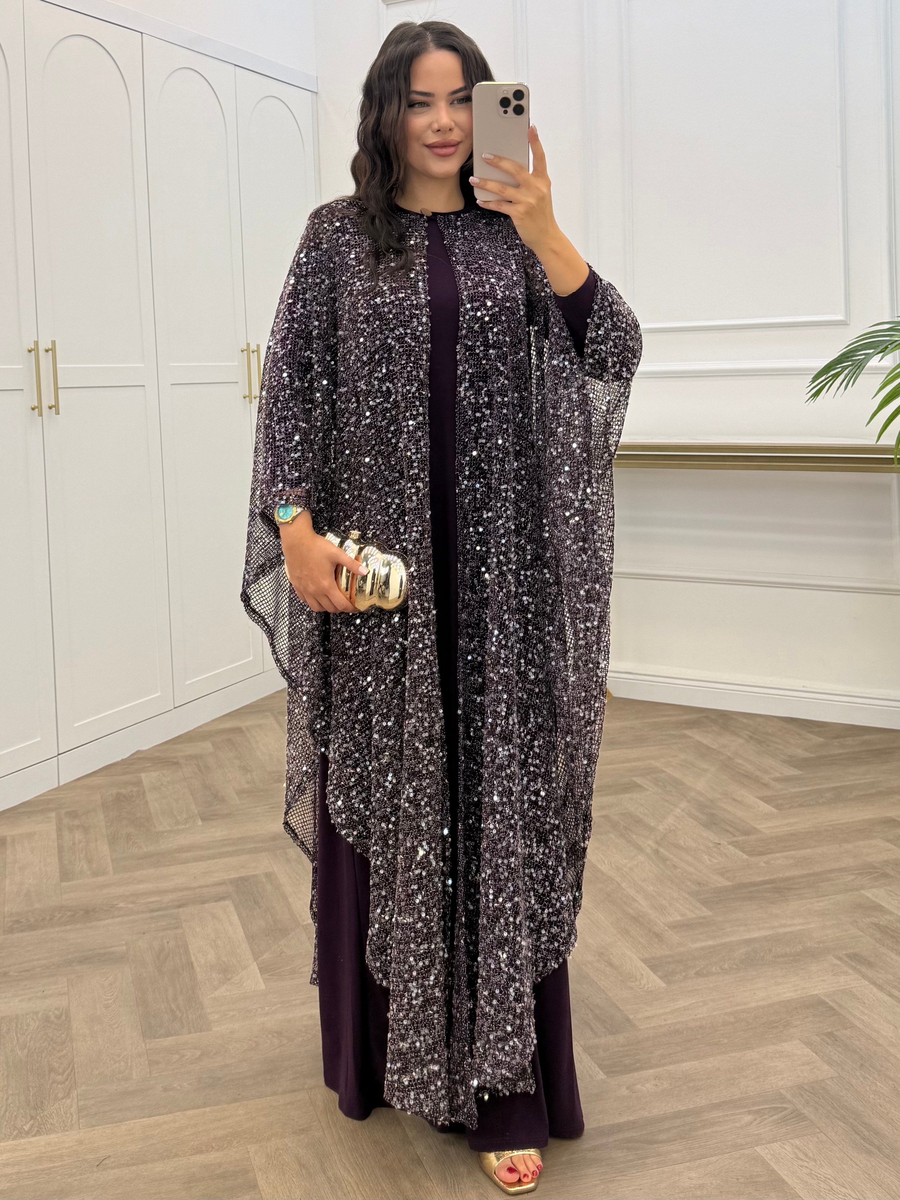 SARA PELERİN DETAY PAYETLİ ELBİSE MOR