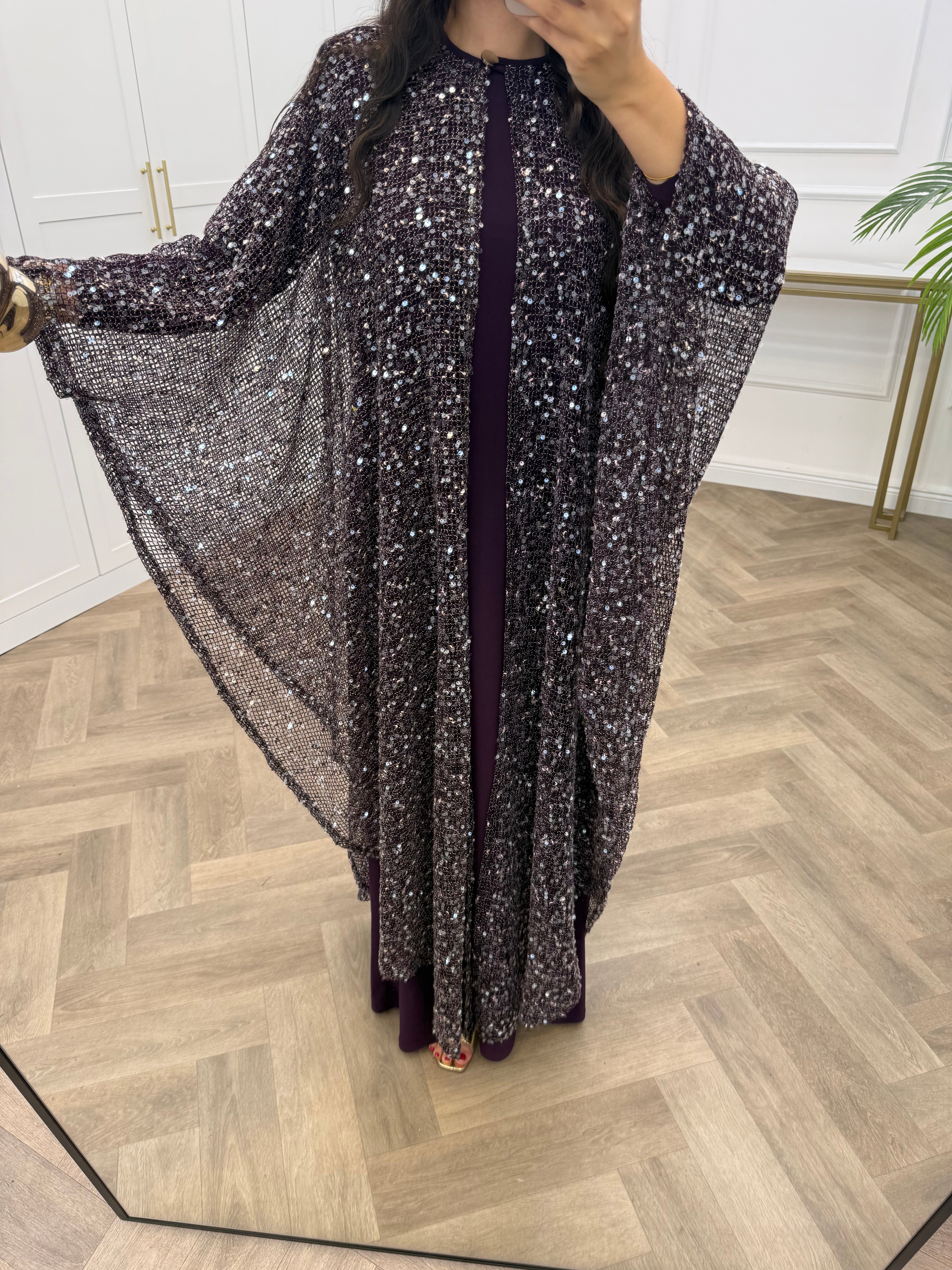 SARA PELERİN DETAY PAYETLİ ELBİSE MOR
