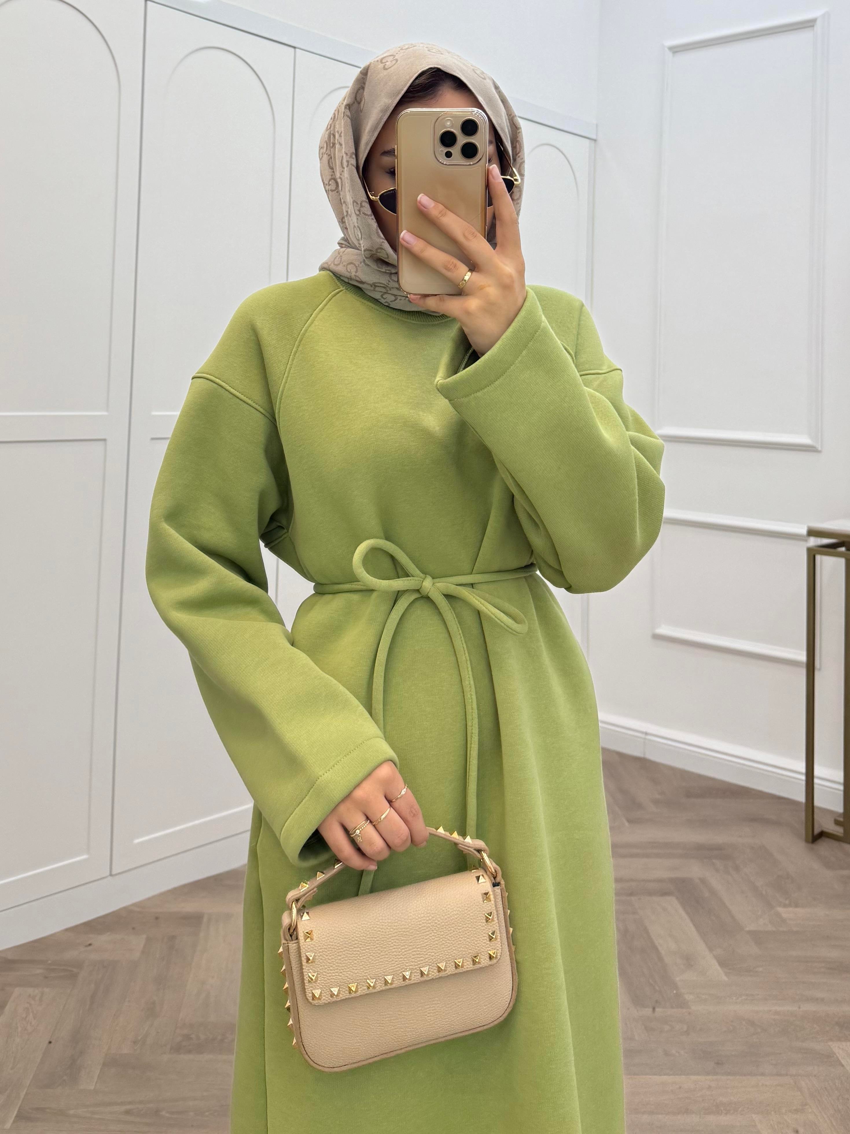 ŞARDONLU KEMERLİ ELBİSE MİNT