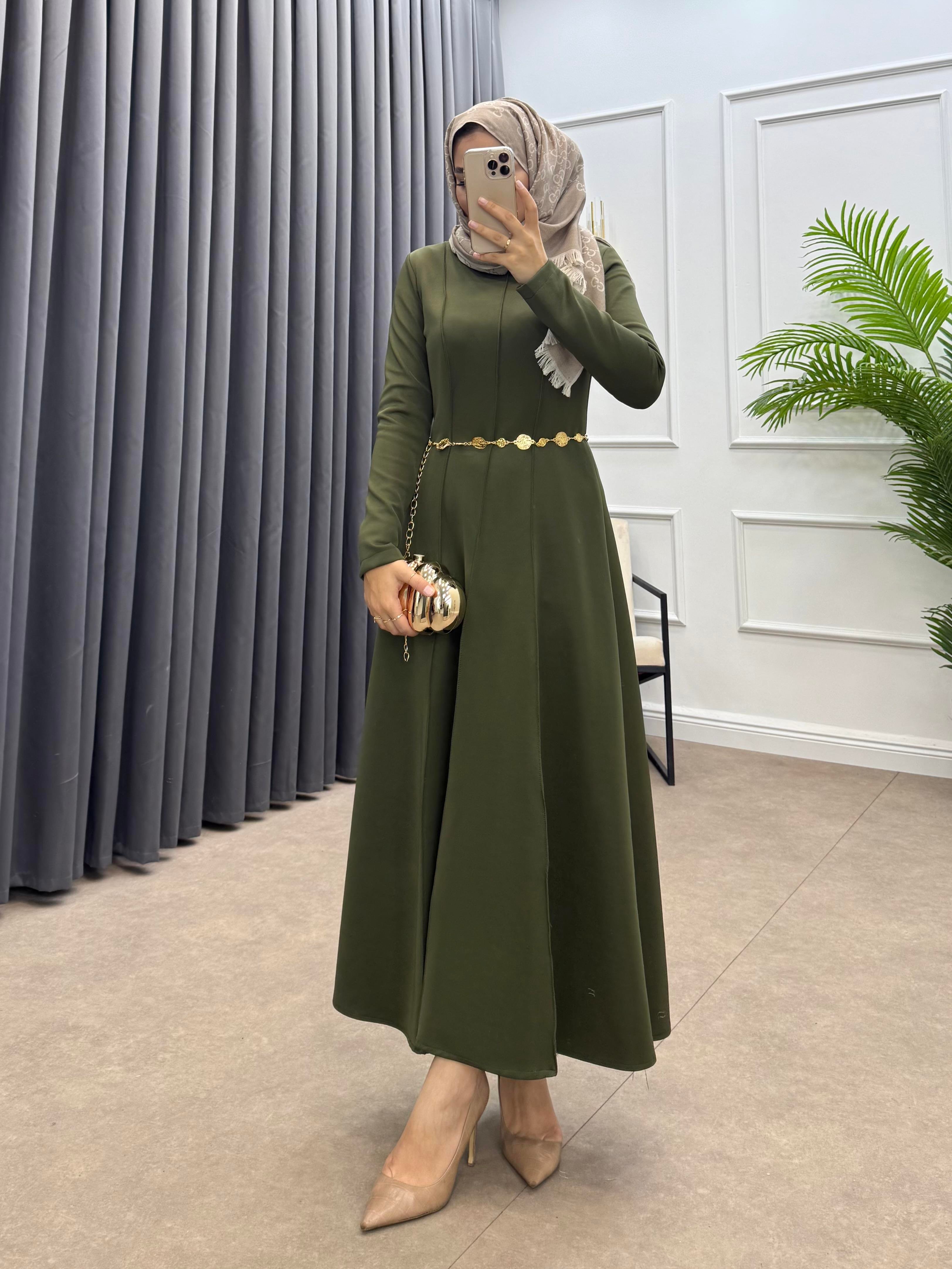 SCUBA ÖRGÜ KEMERLİ ELBİSE HAKİ