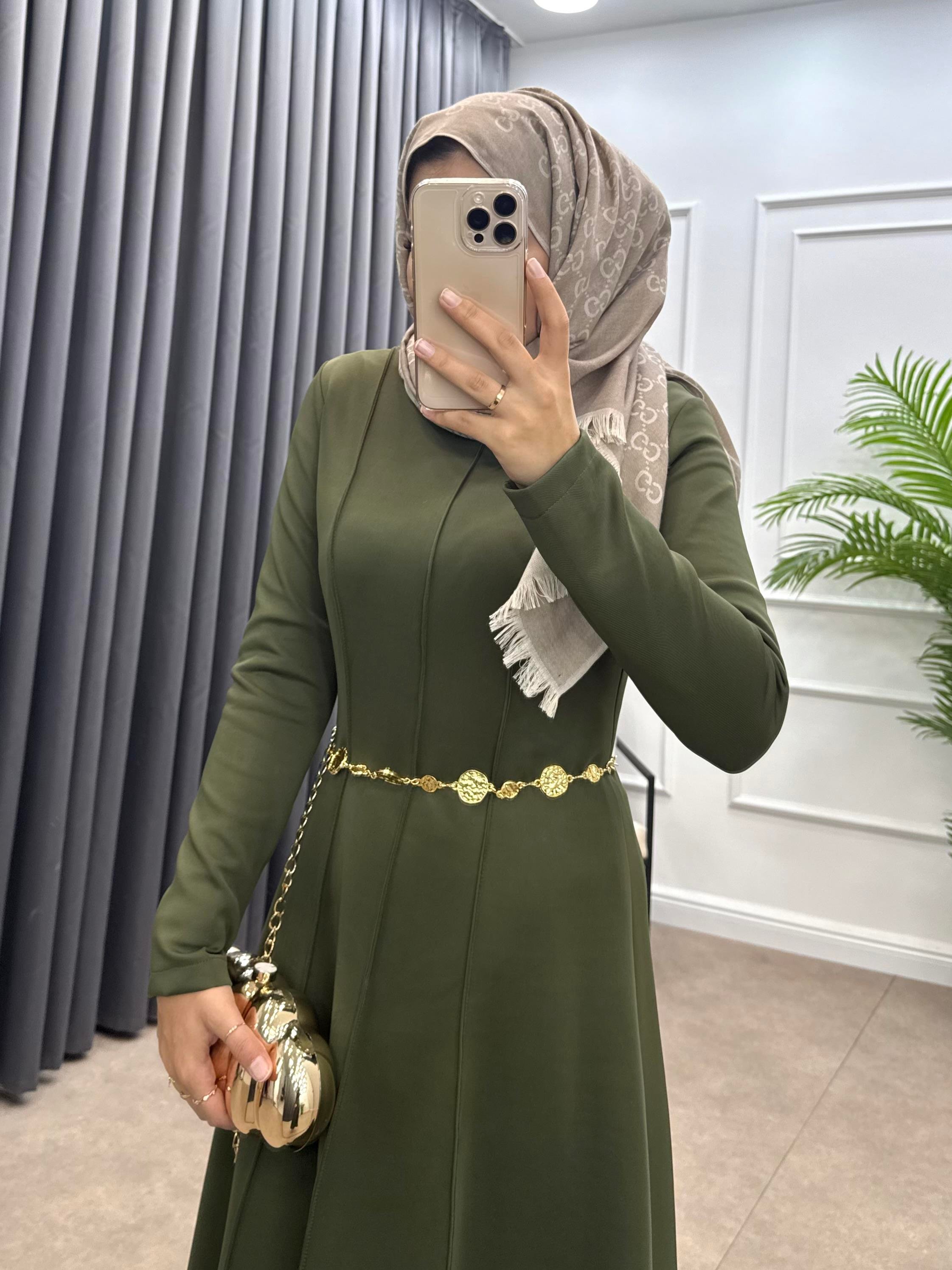 SCUBA ÖRGÜ KEMERLİ ELBİSE HAKİ