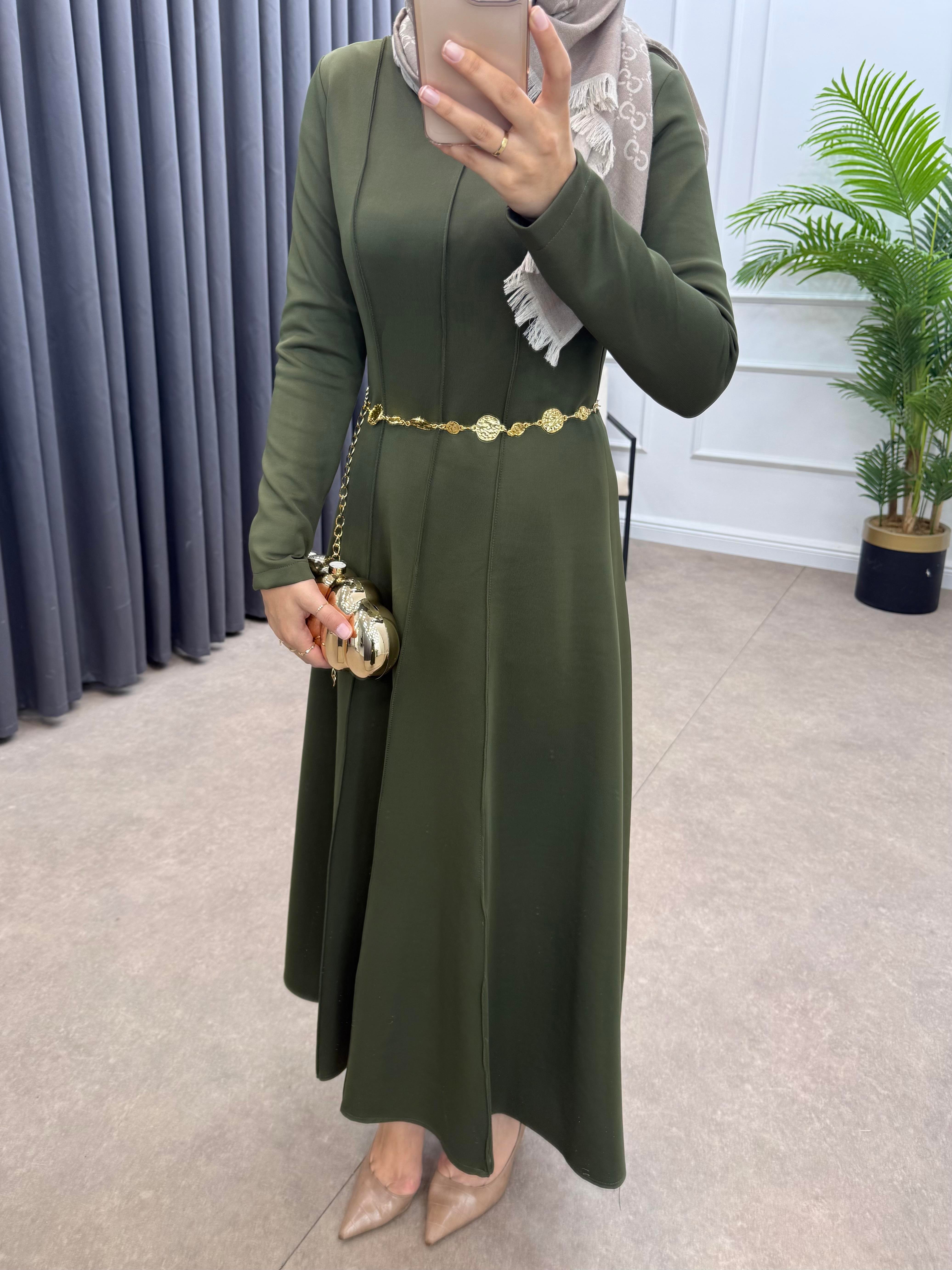 SCUBA ÖRGÜ KEMERLİ ELBİSE HAKİ