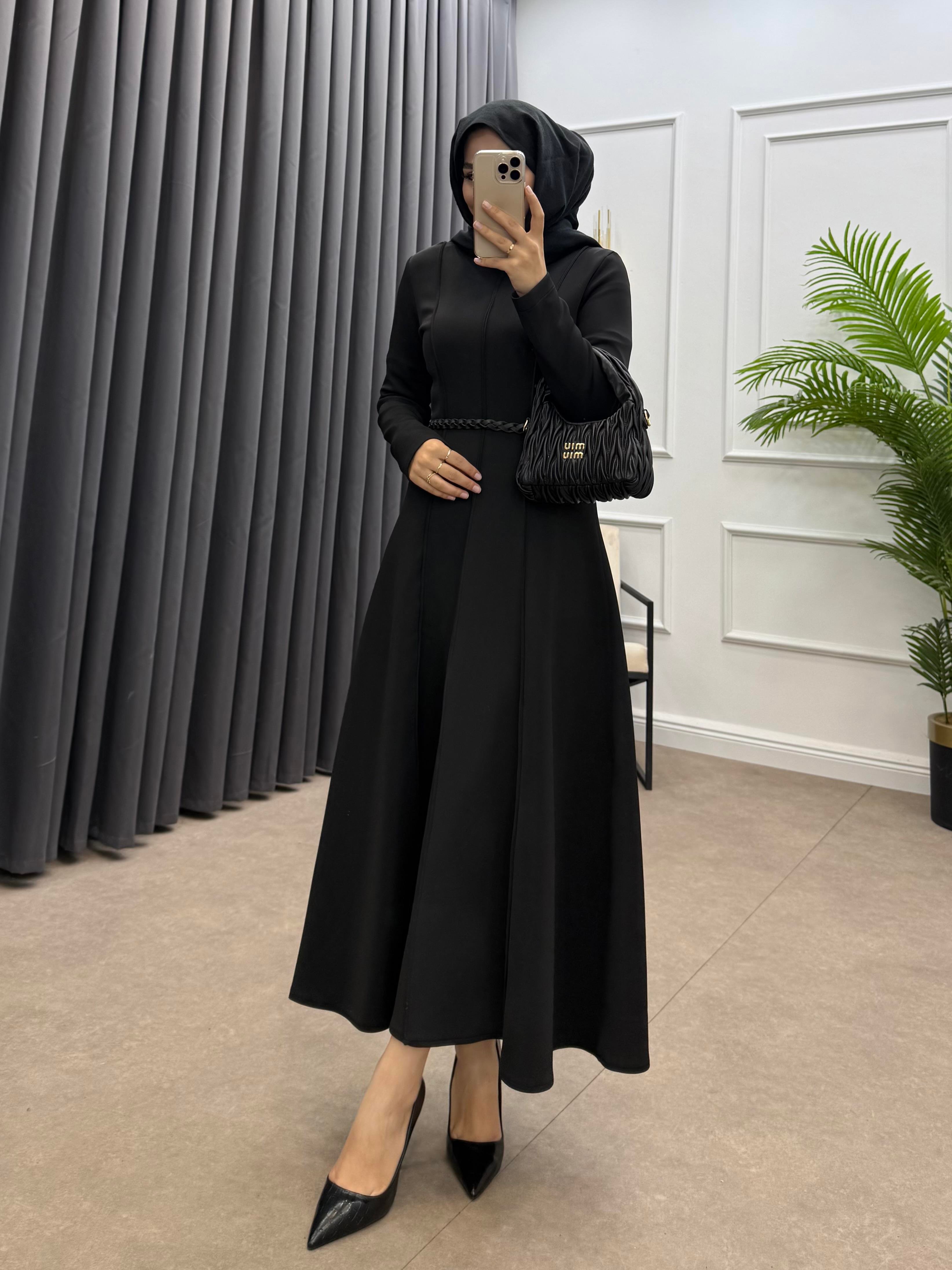 SCUBA ÖRGÜ KEMERLİ ELBİSE ANTRASİT