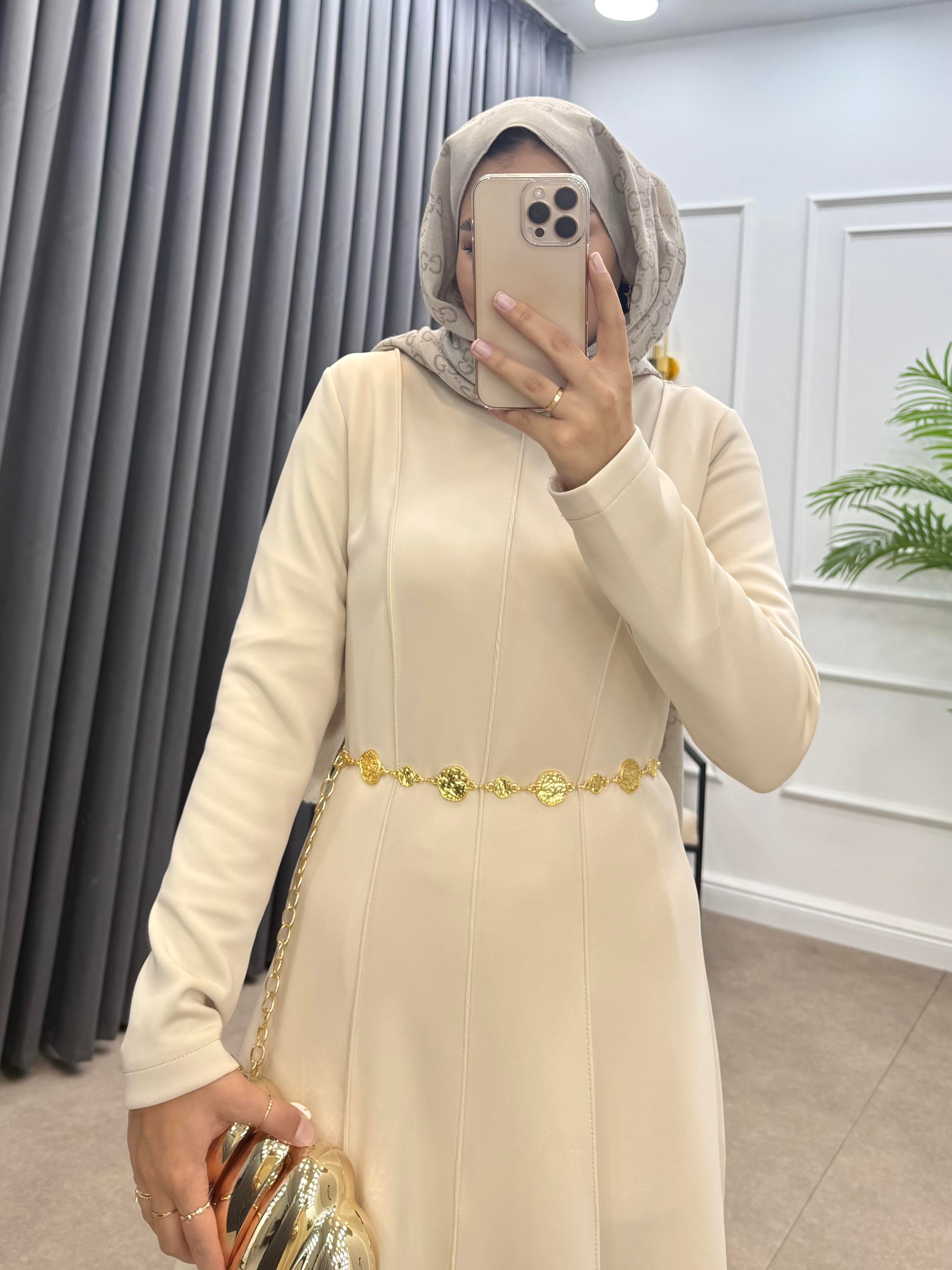 SCUBA ÖRGÜ KEMERLİ ELBİSE TAŞ