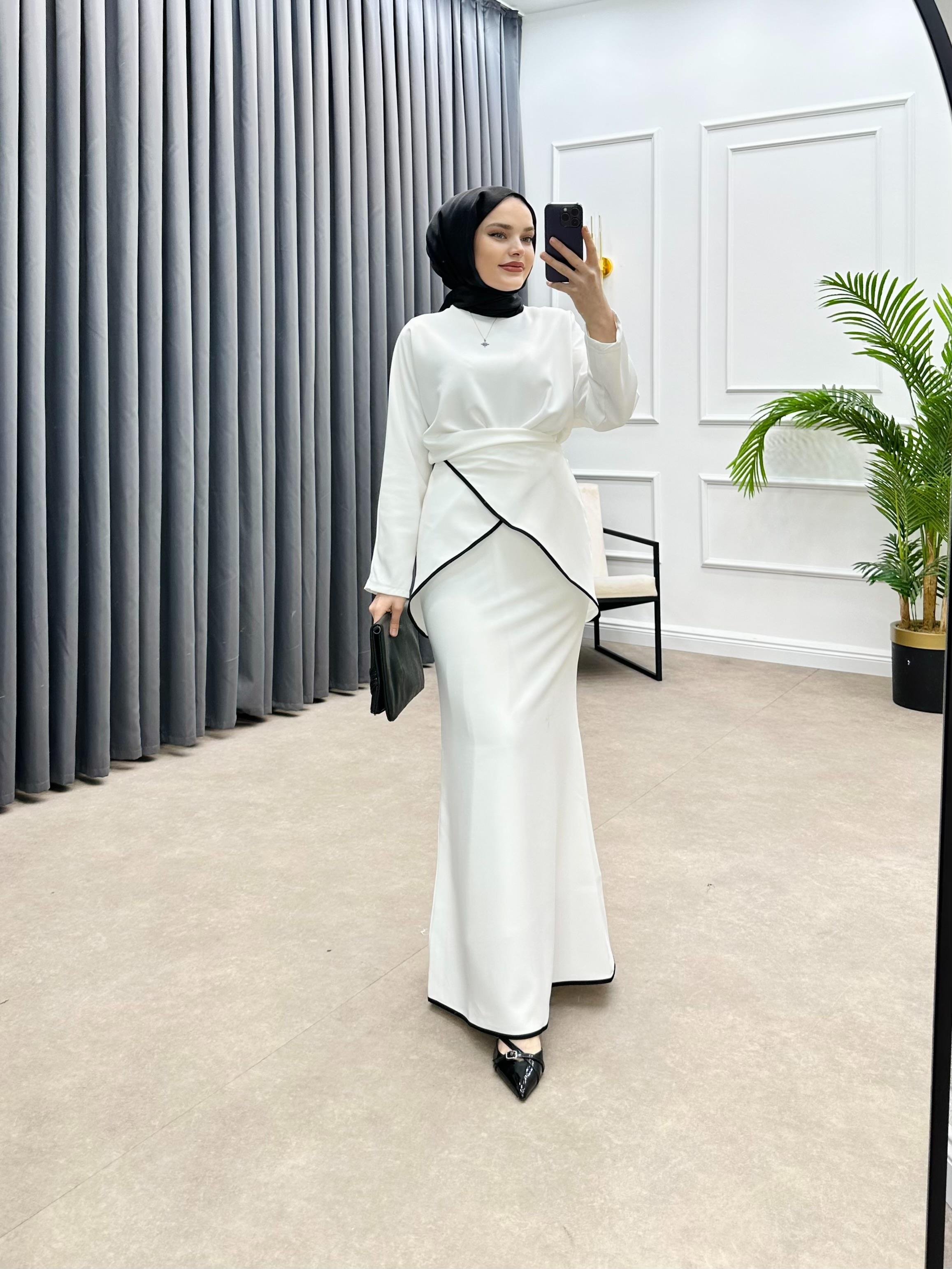 ŞERİT DETAY ETEKLİ MODAL TAKIM  BEYAZ