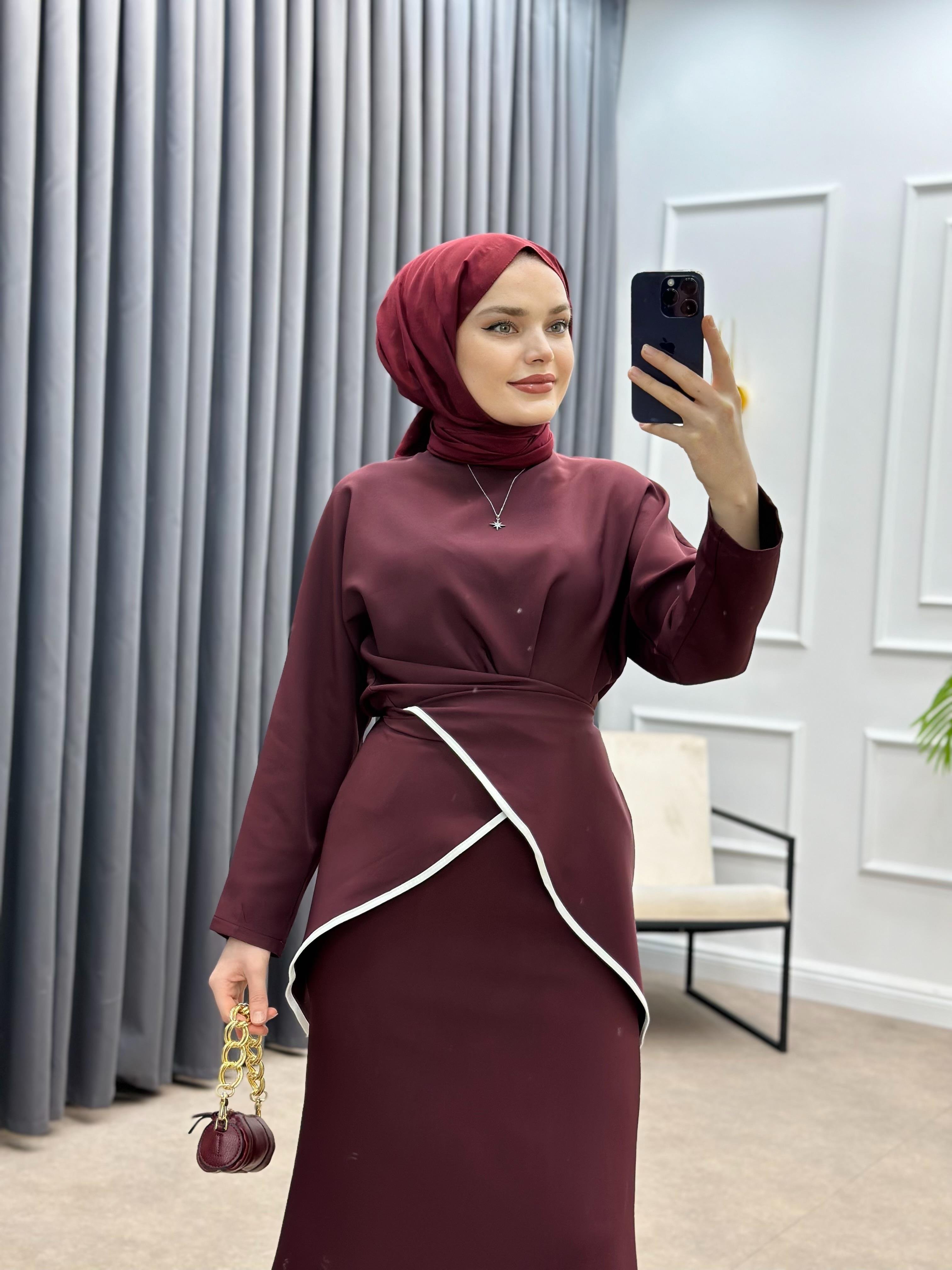 ŞERİT DETAY ETEKLİ MODAL TAKIM BORDO