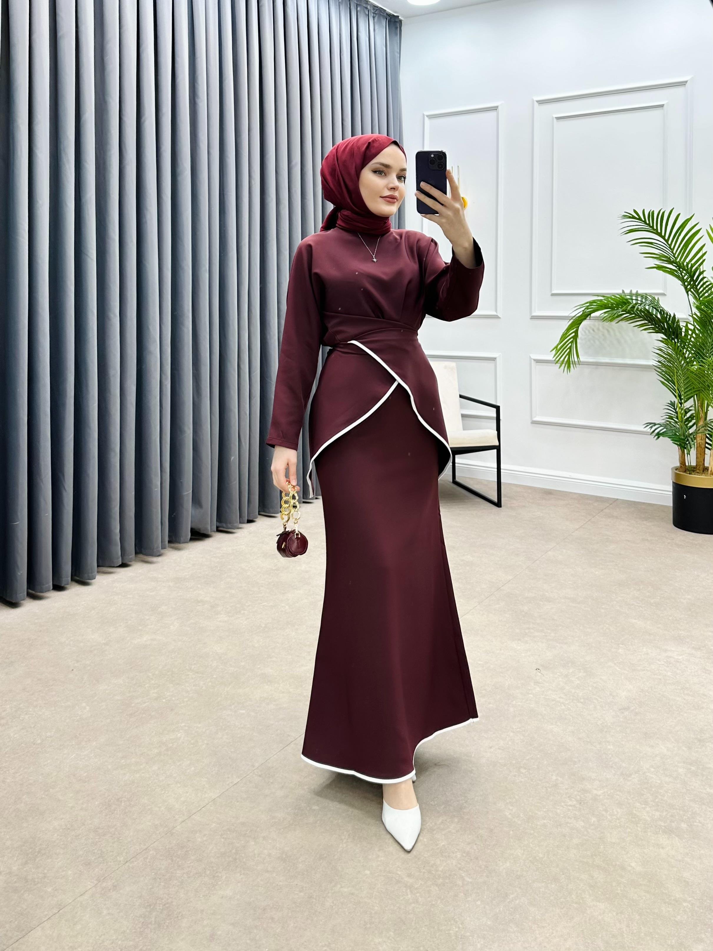 ŞERİT DETAY ETEKLİ MODAL TAKIM BORDO