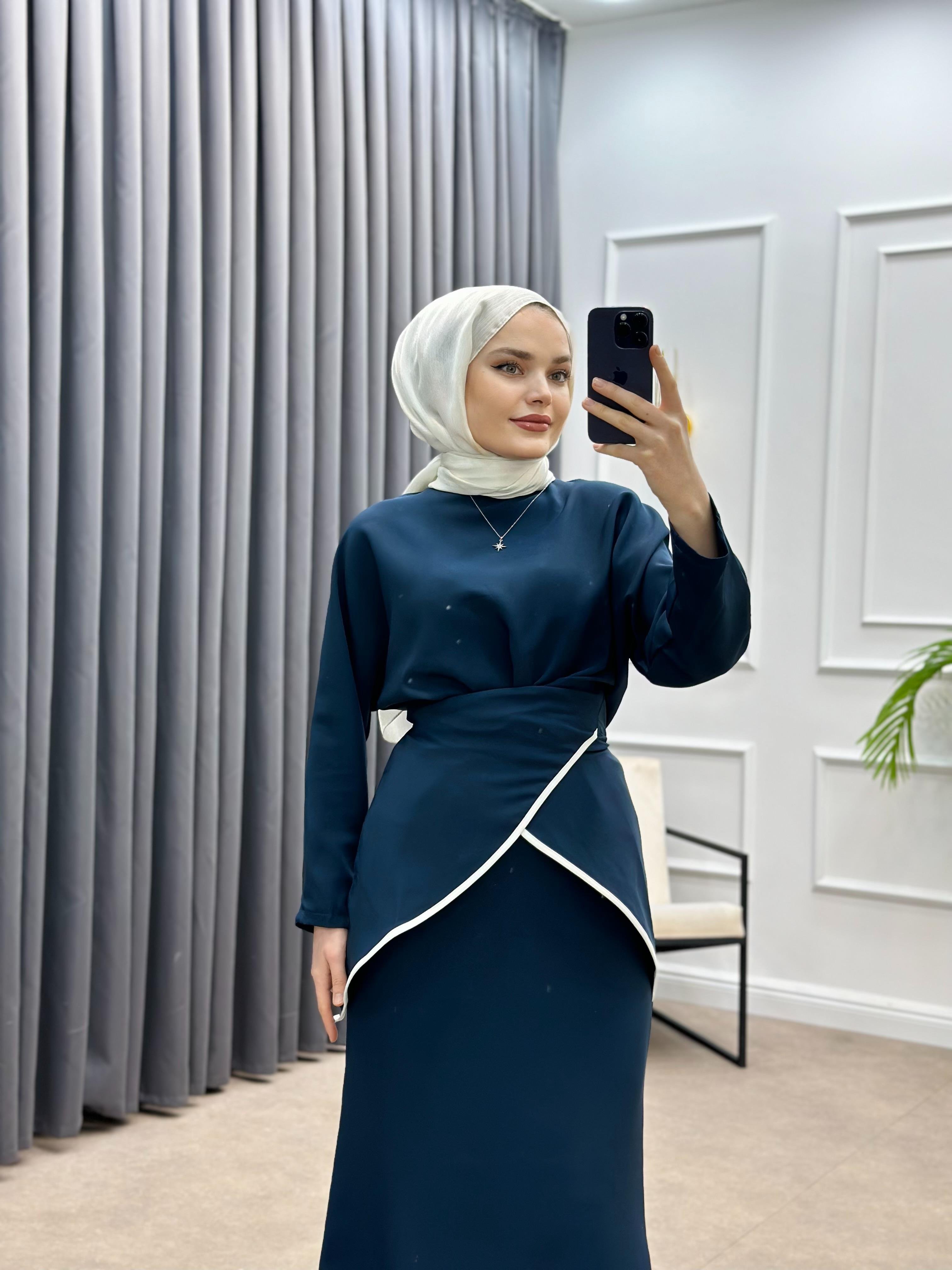 ŞERİT DETAY ETEKLİ MODAL TAKIM LACİVERT