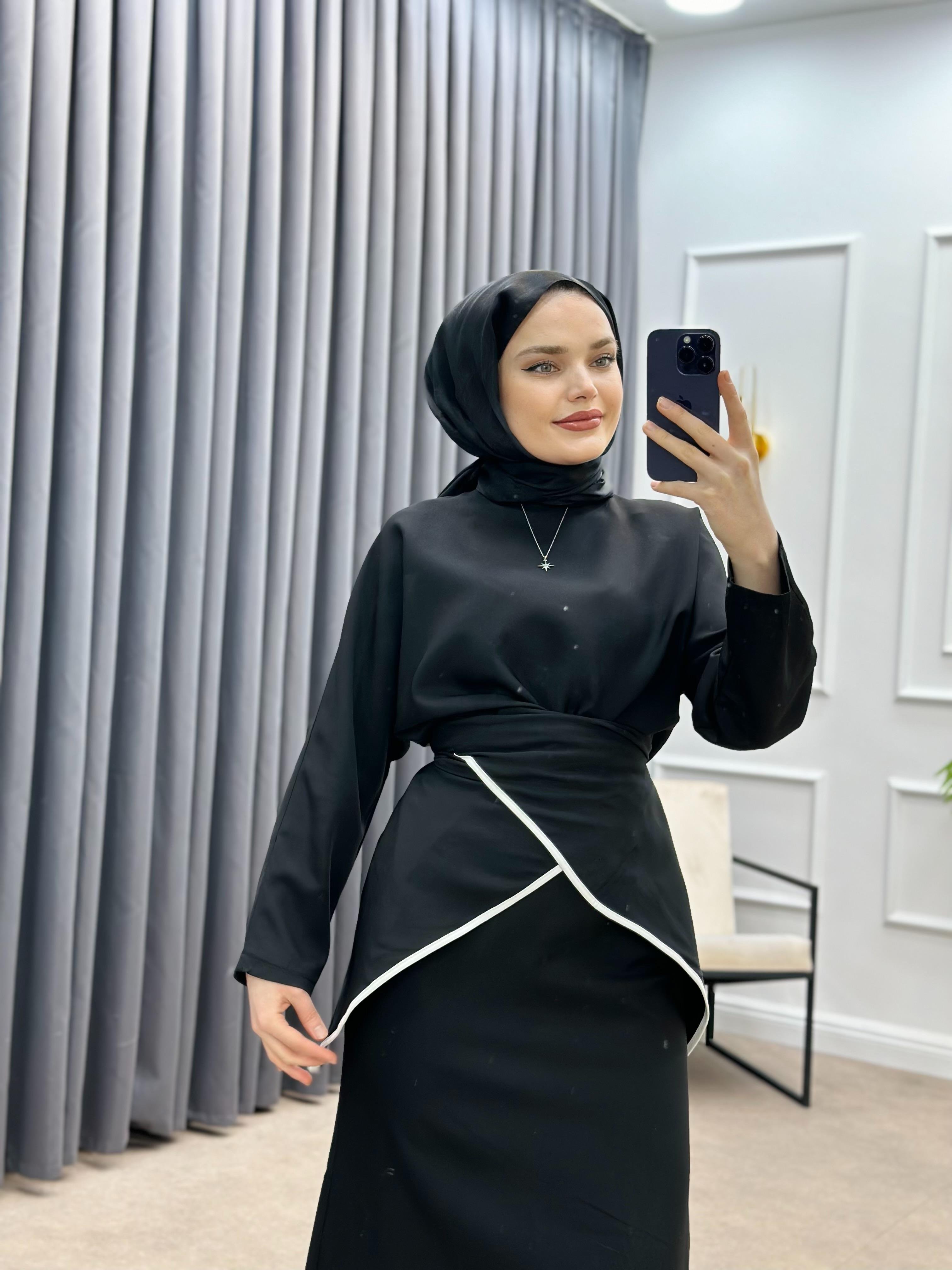 ŞERİT DETAY ETEKLİ MODAL TAKIM SİYAH