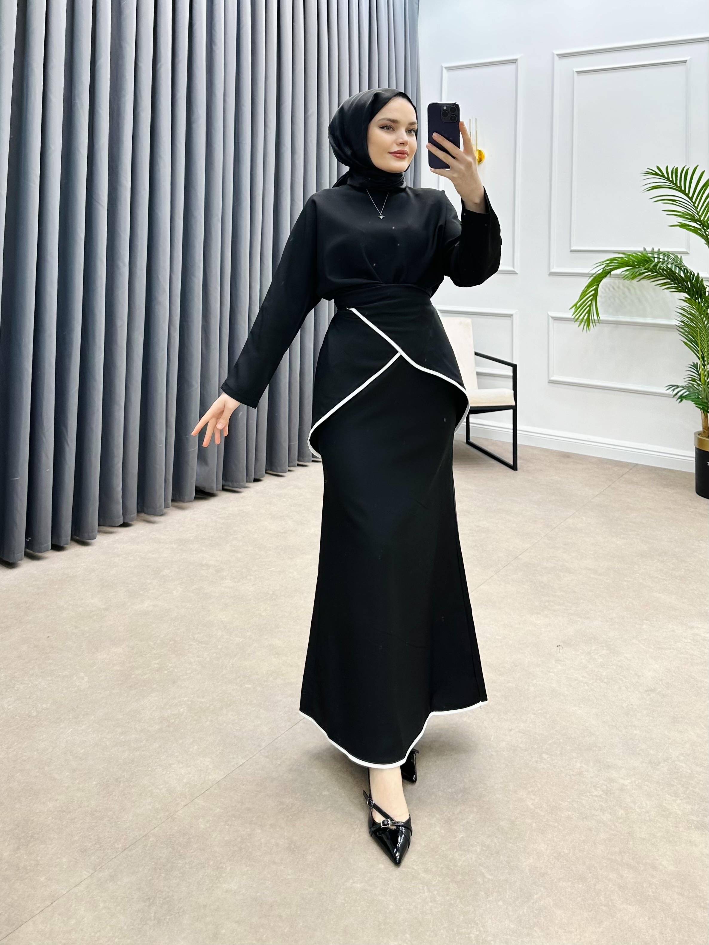 ŞERİT DETAY ETEKLİ MODAL TAKIM SİYAH