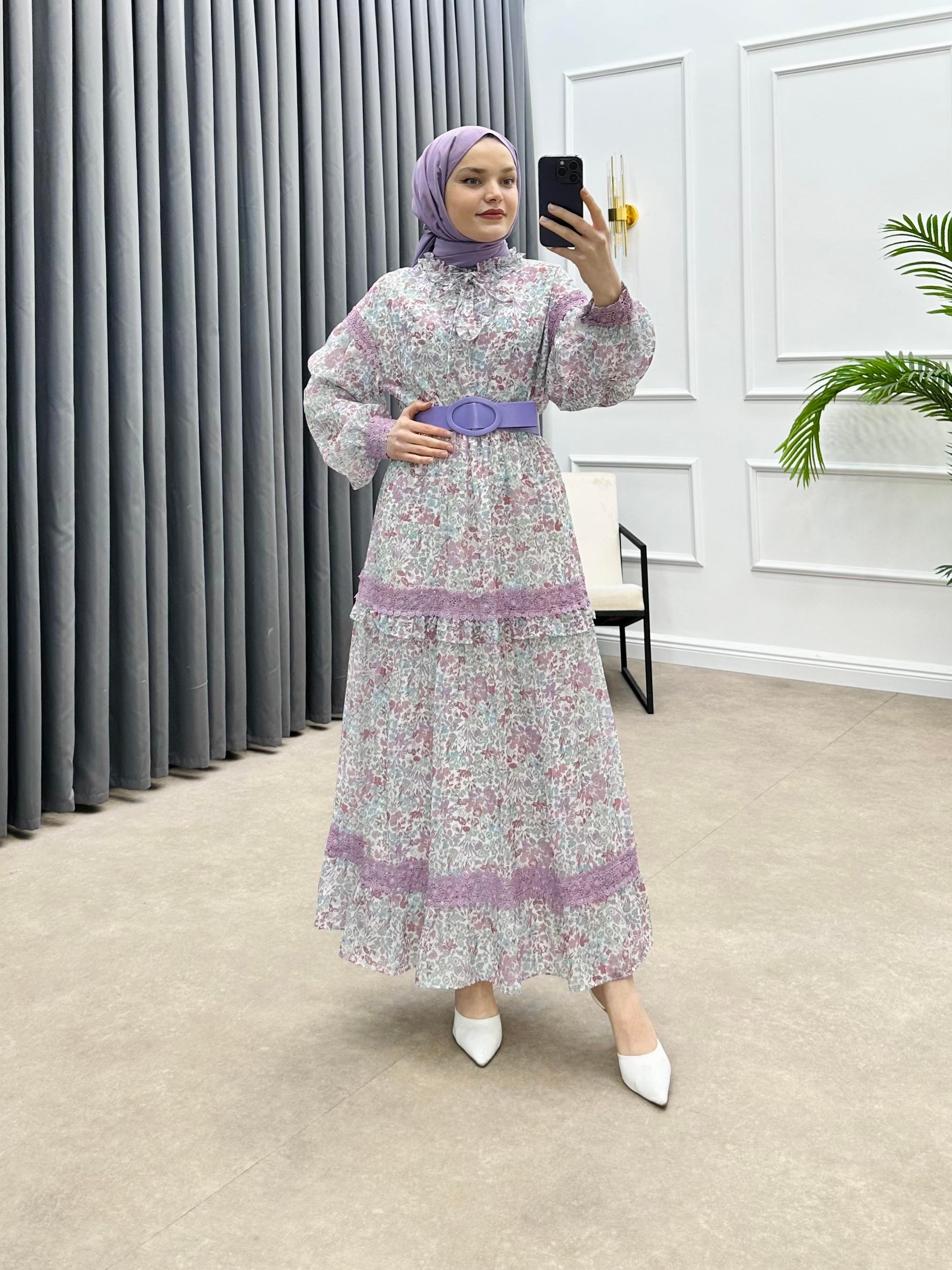 SEYYAR KEMERLİ ŞİFON ELBİSE LİLA