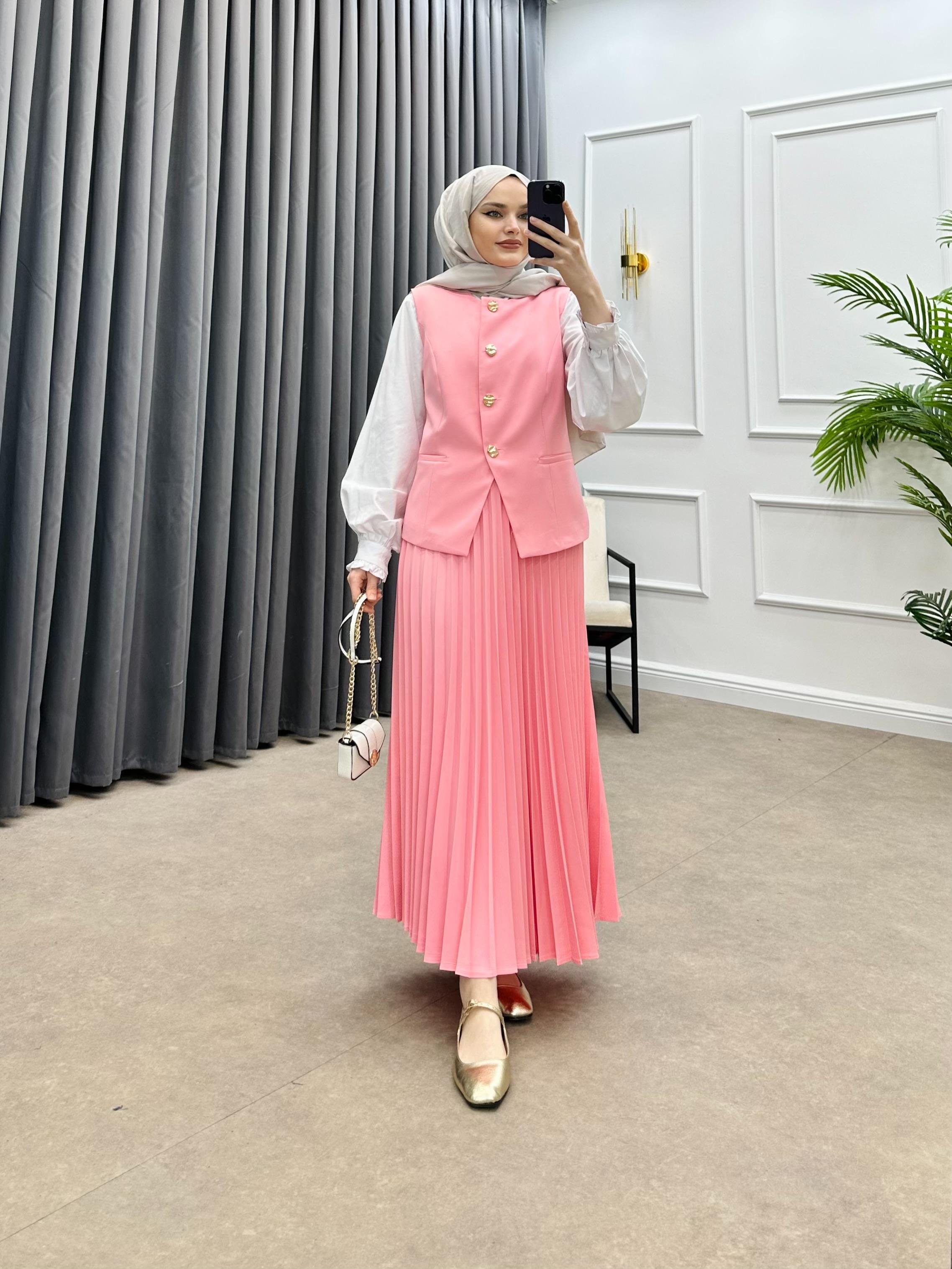 SHEİN GOLD DÜĞMELİ ETEKLİ TAKIM PEMBE