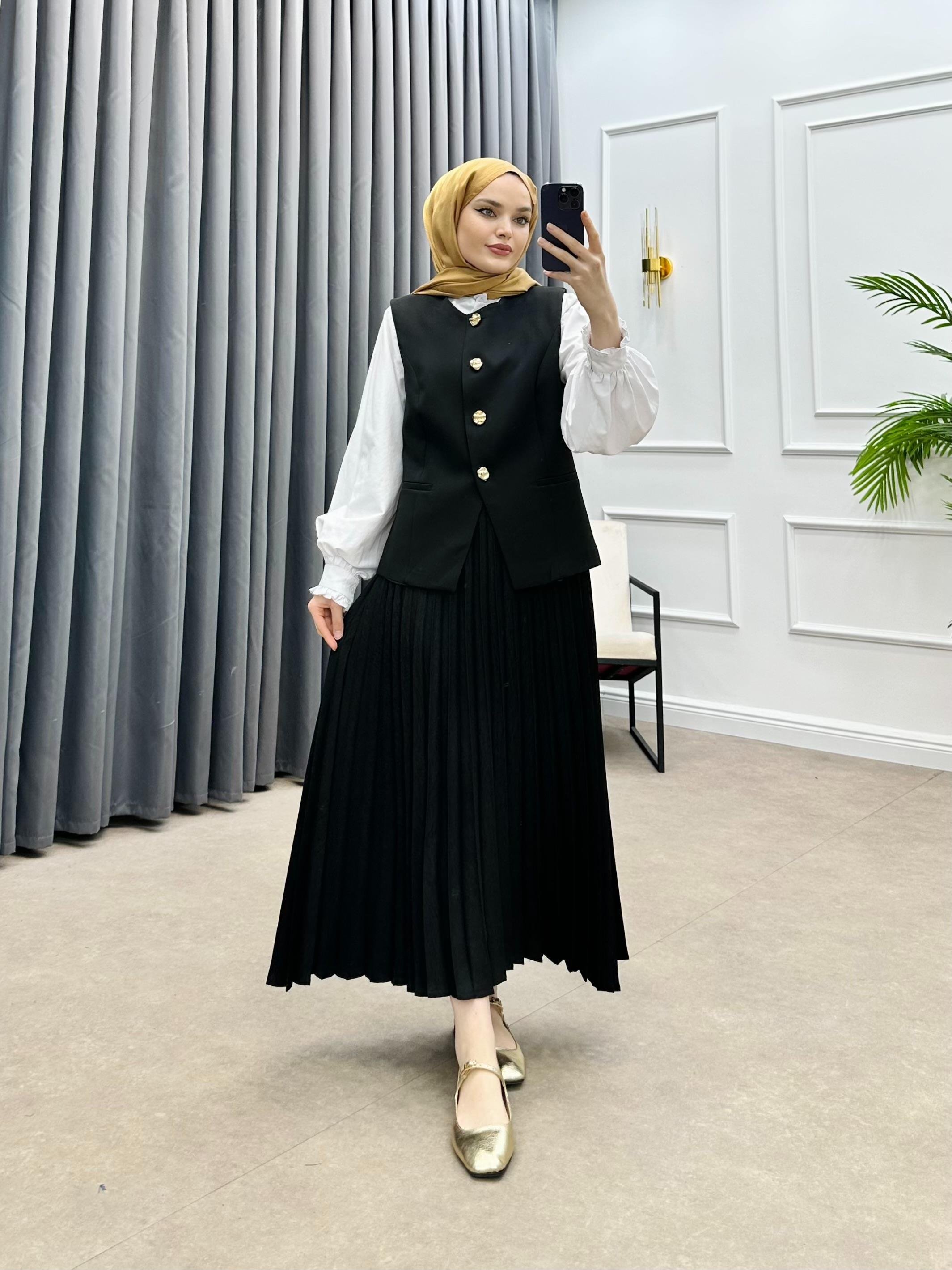 SHEİN GOLD DÜĞMELİ ETEKLİ TAKIM SİYAH