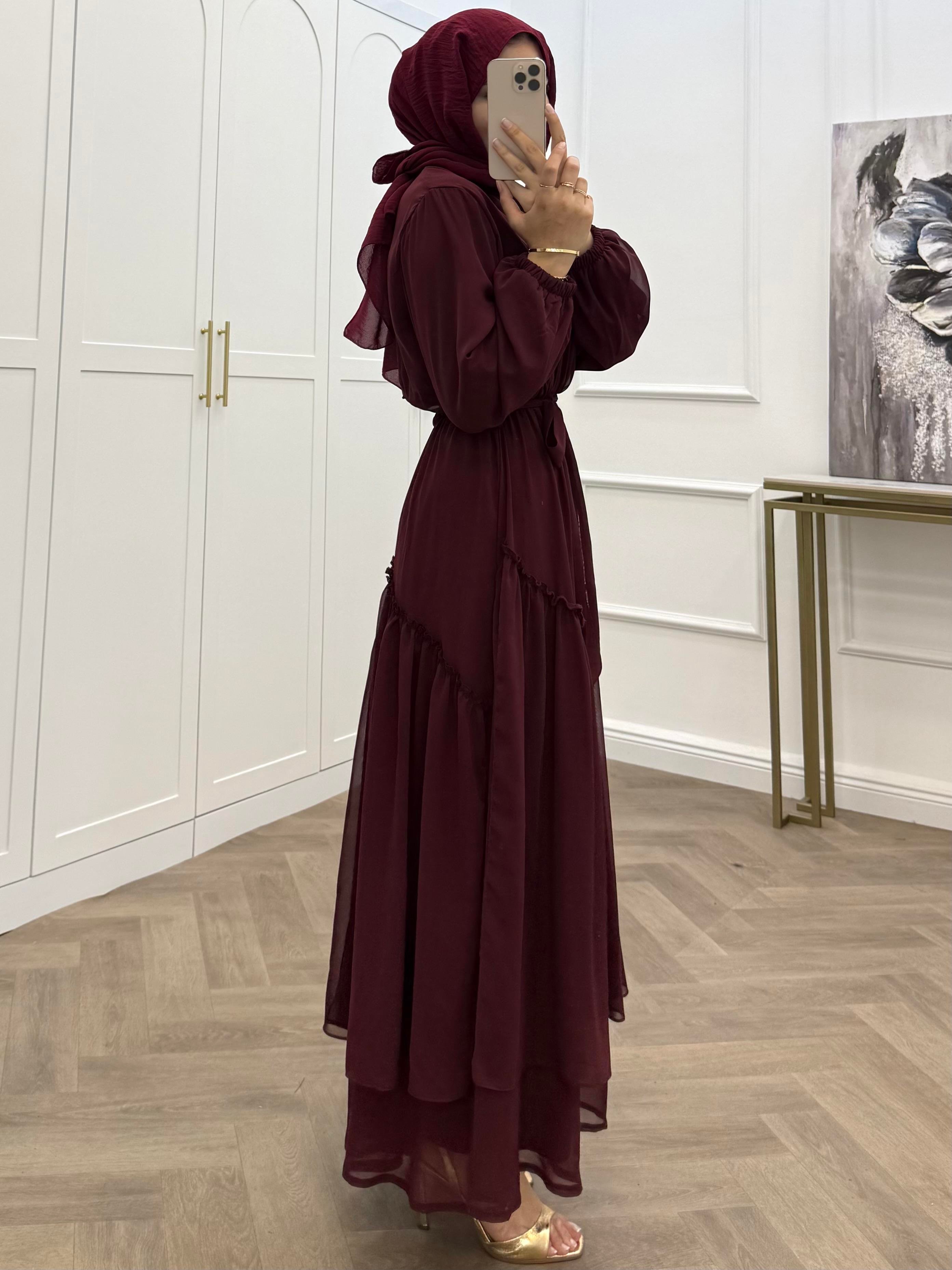 SUDE ŞİFON ELBİSE BORDO