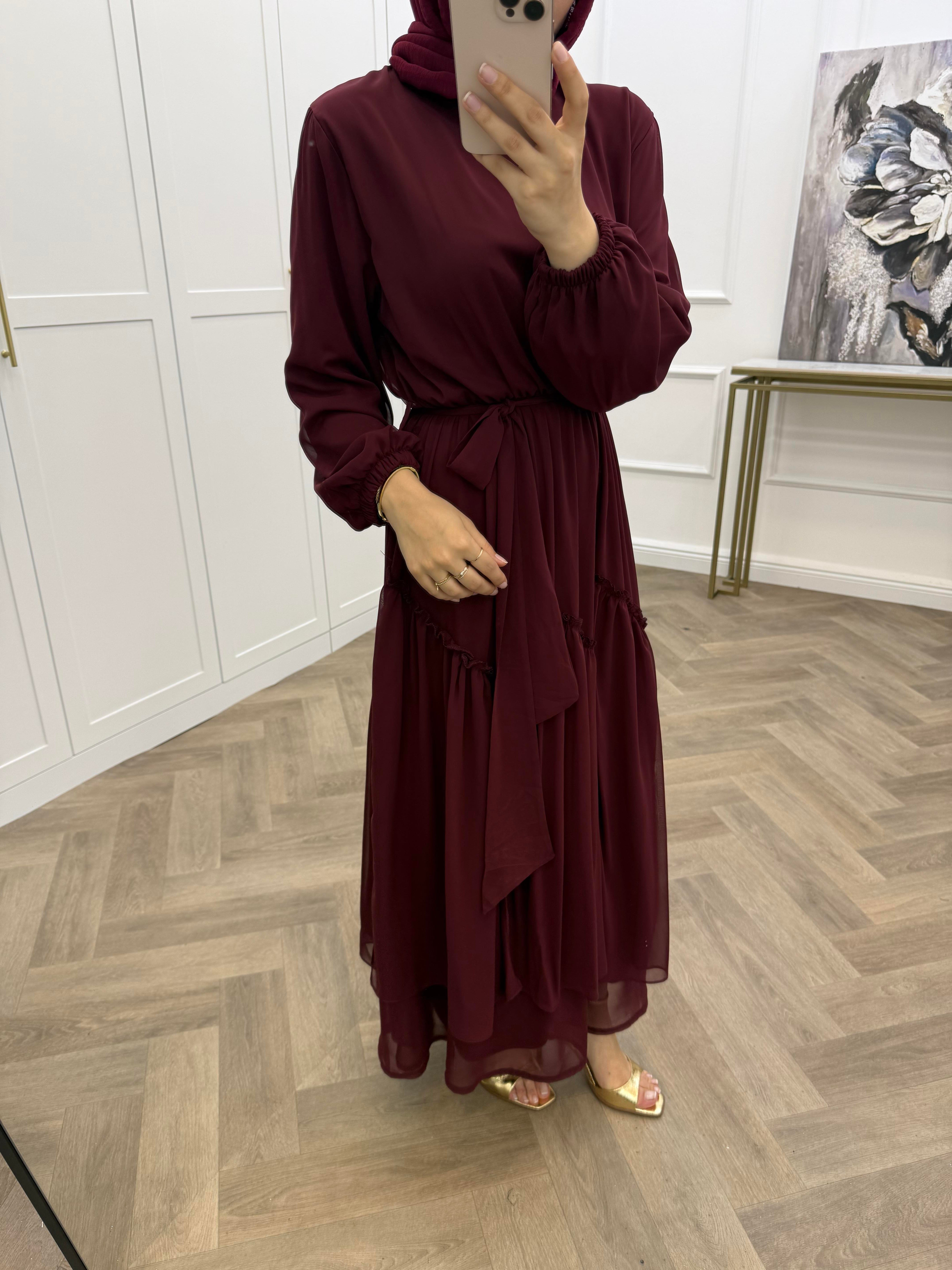 SUDE ŞİFON ELBİSE BORDO
