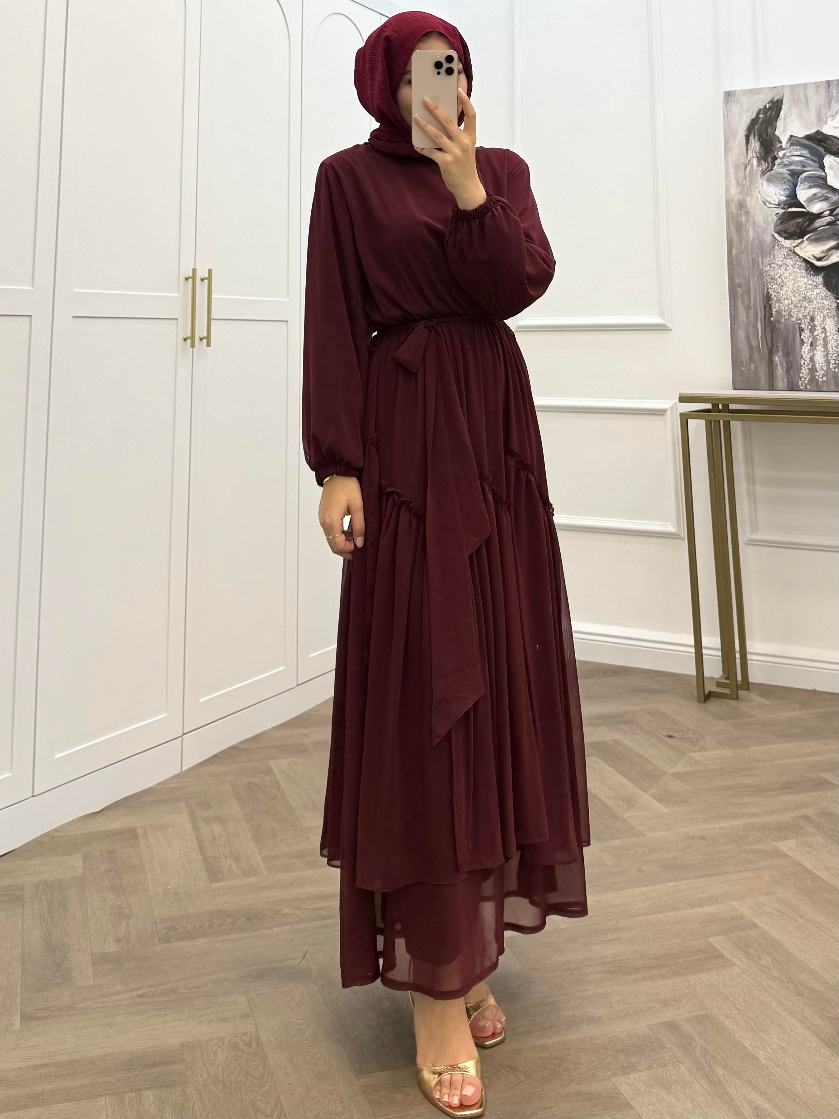 SUDE ŞİFON ELBİSE BORDO