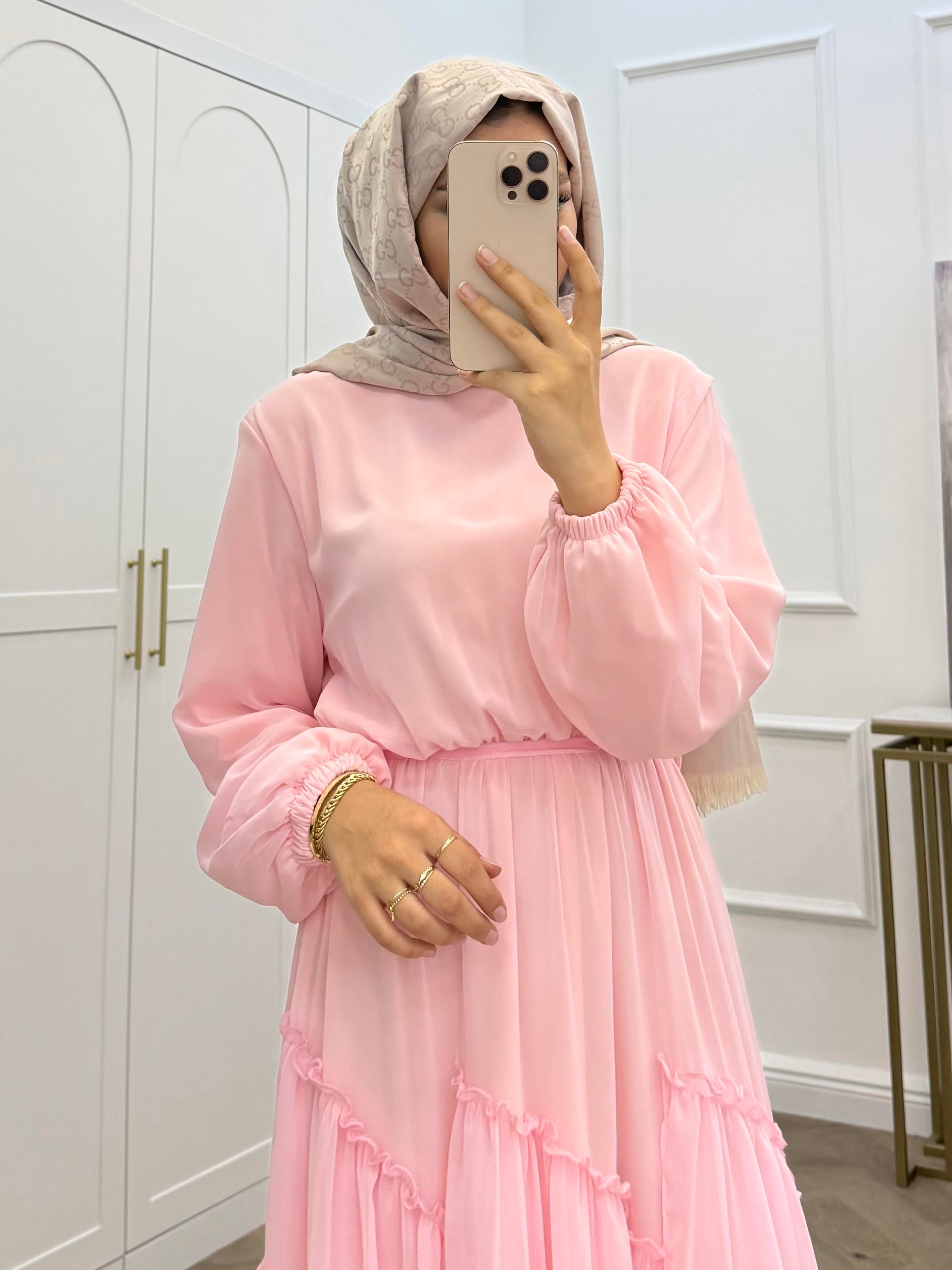 SUDE ŞİFON ELBİSE PEMBE