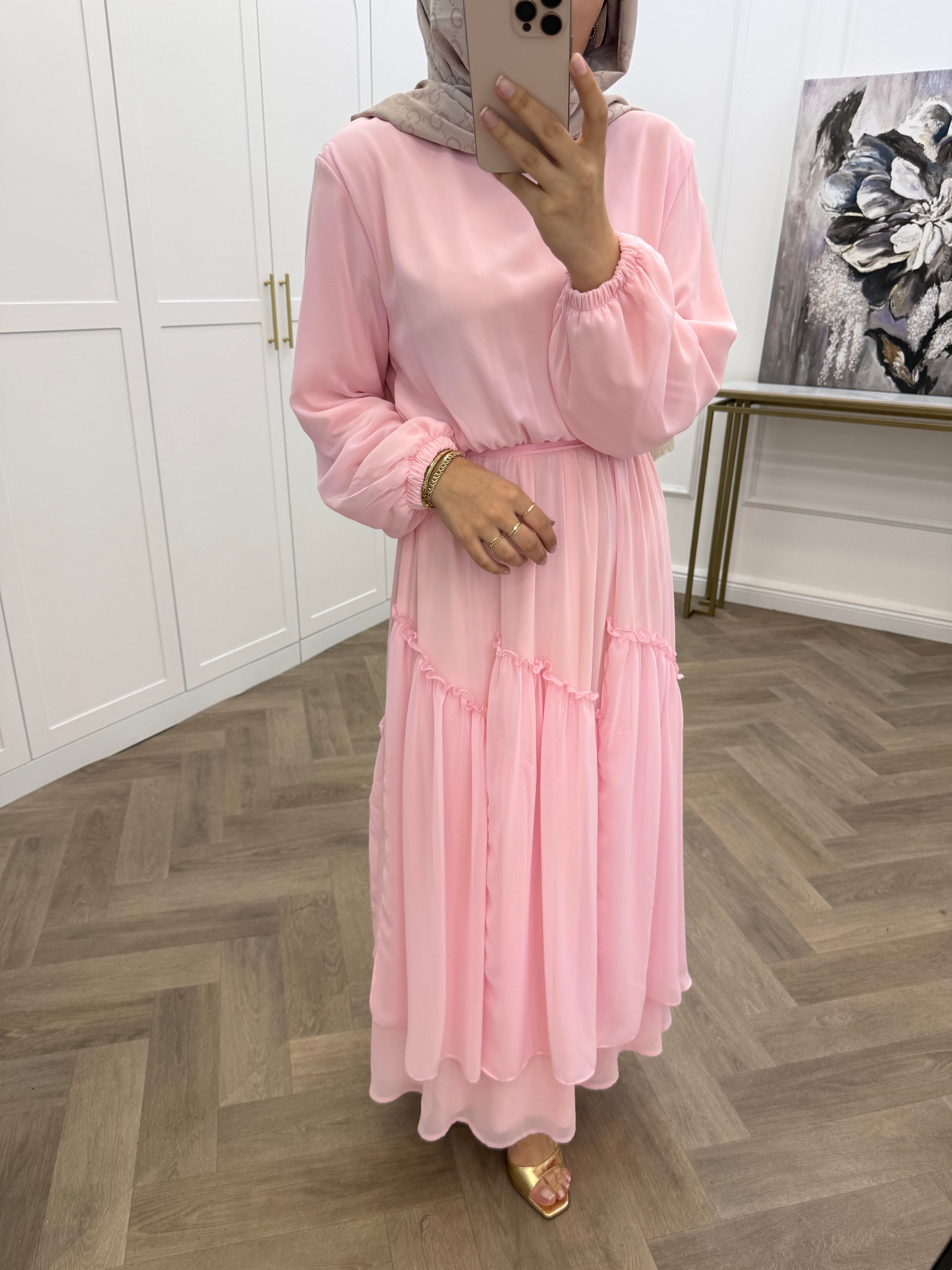 SUDE ŞİFON ELBİSE PEMBE