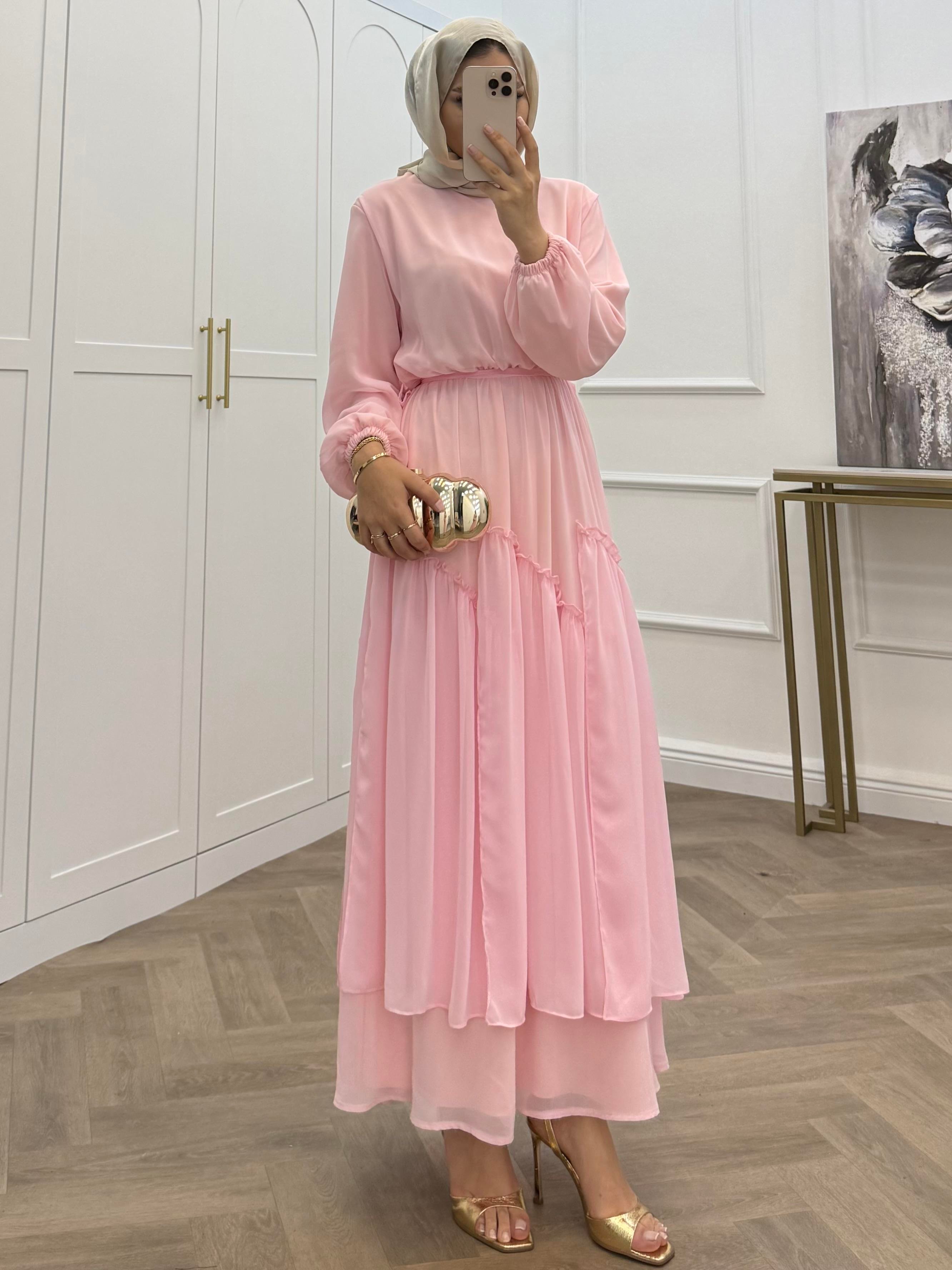 SUDE ŞİFON ELBİSE PEMBE