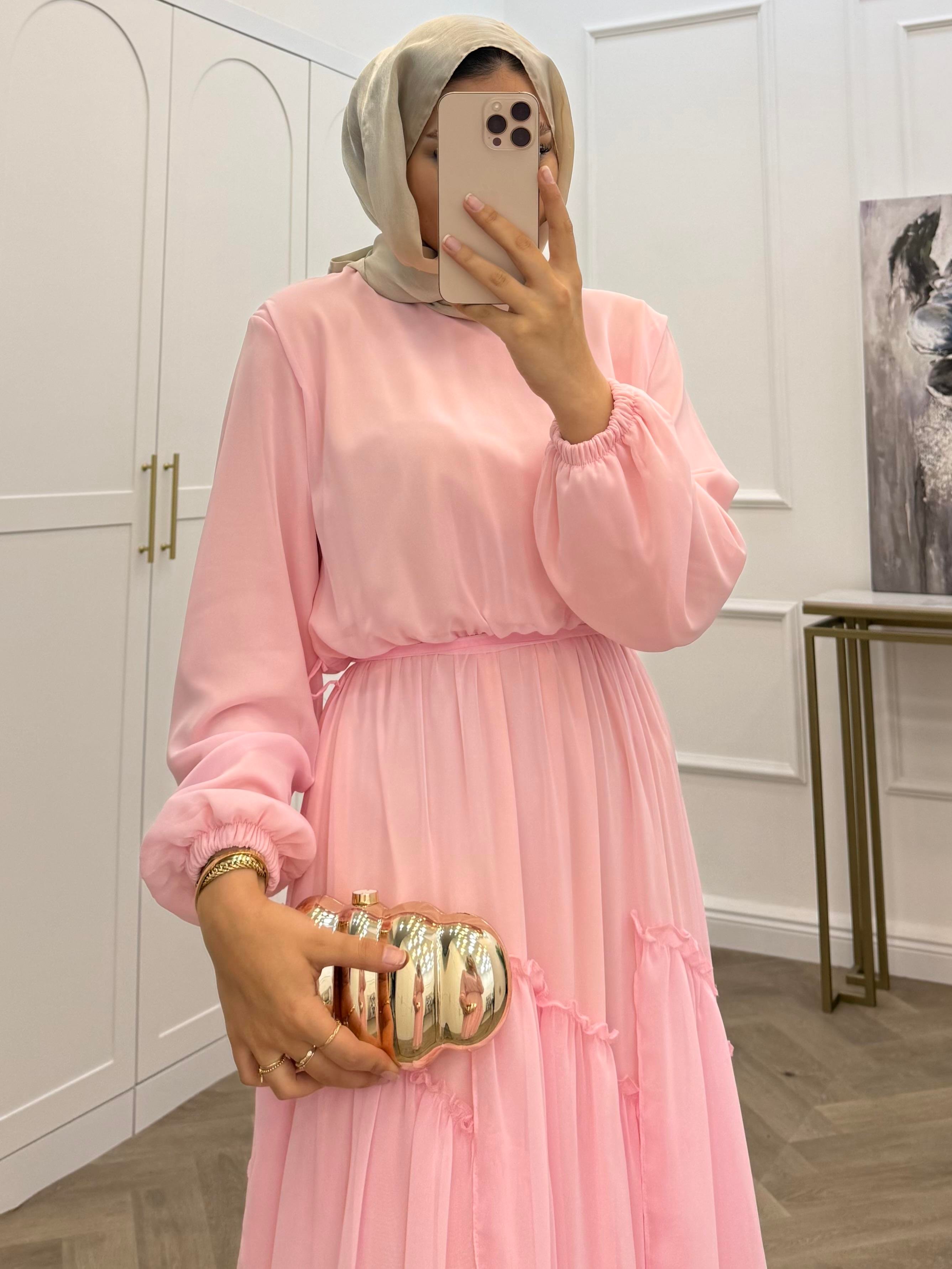 SUDE ŞİFON ELBİSE PEMBE