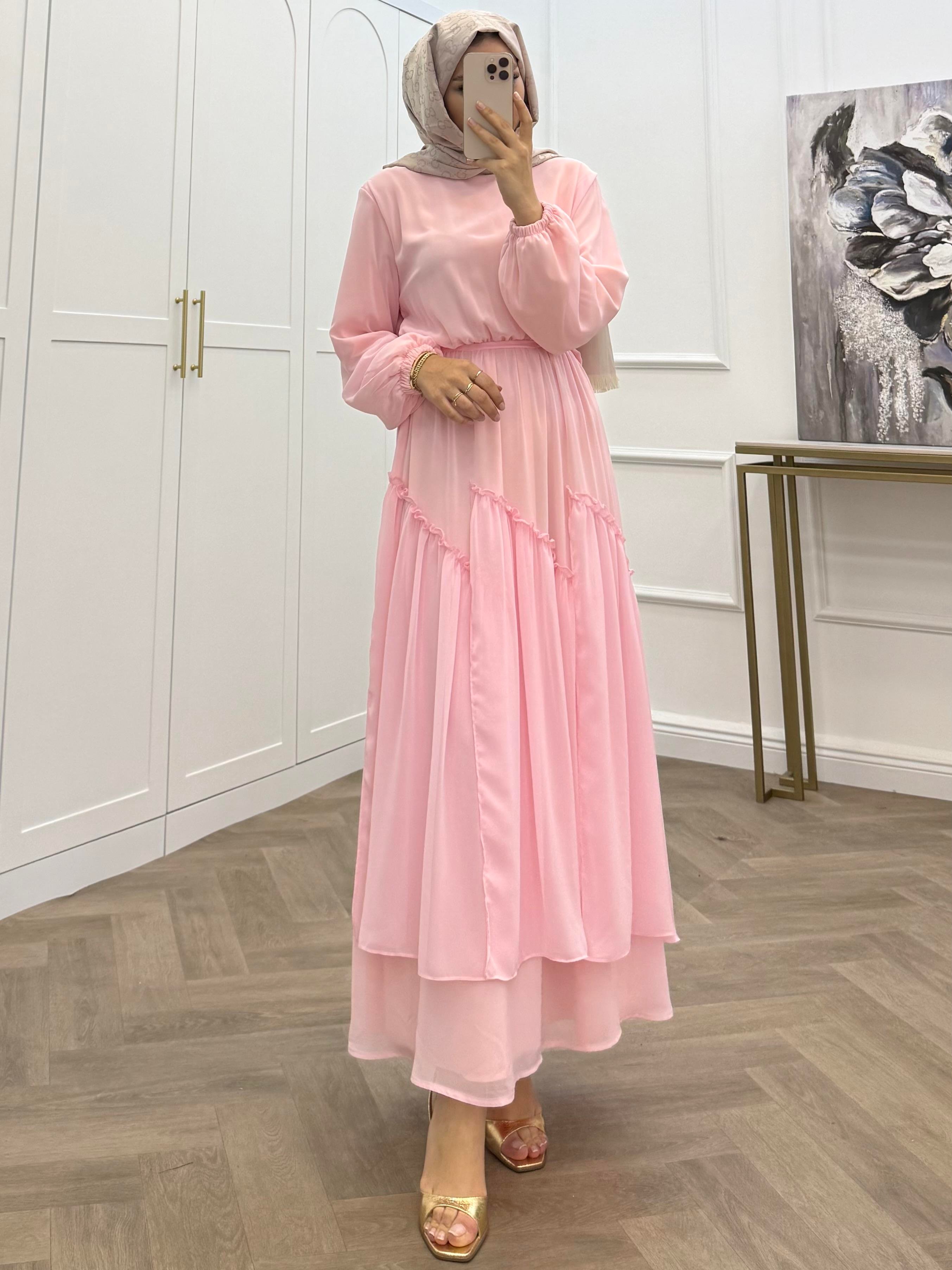 SUDE ŞİFON ELBİSE PEMBE