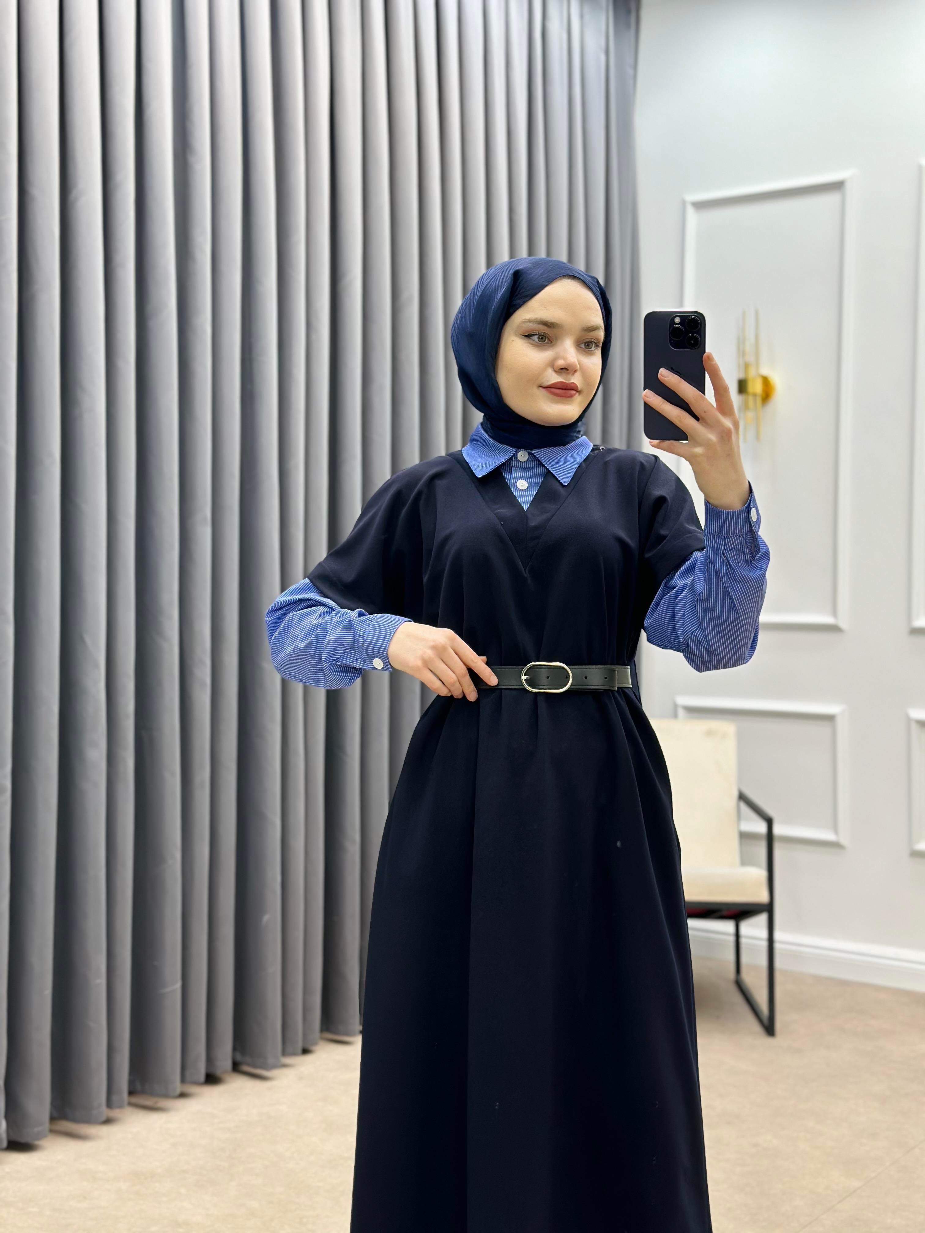 SÜVETER KREP ELBİSE LACİVERT