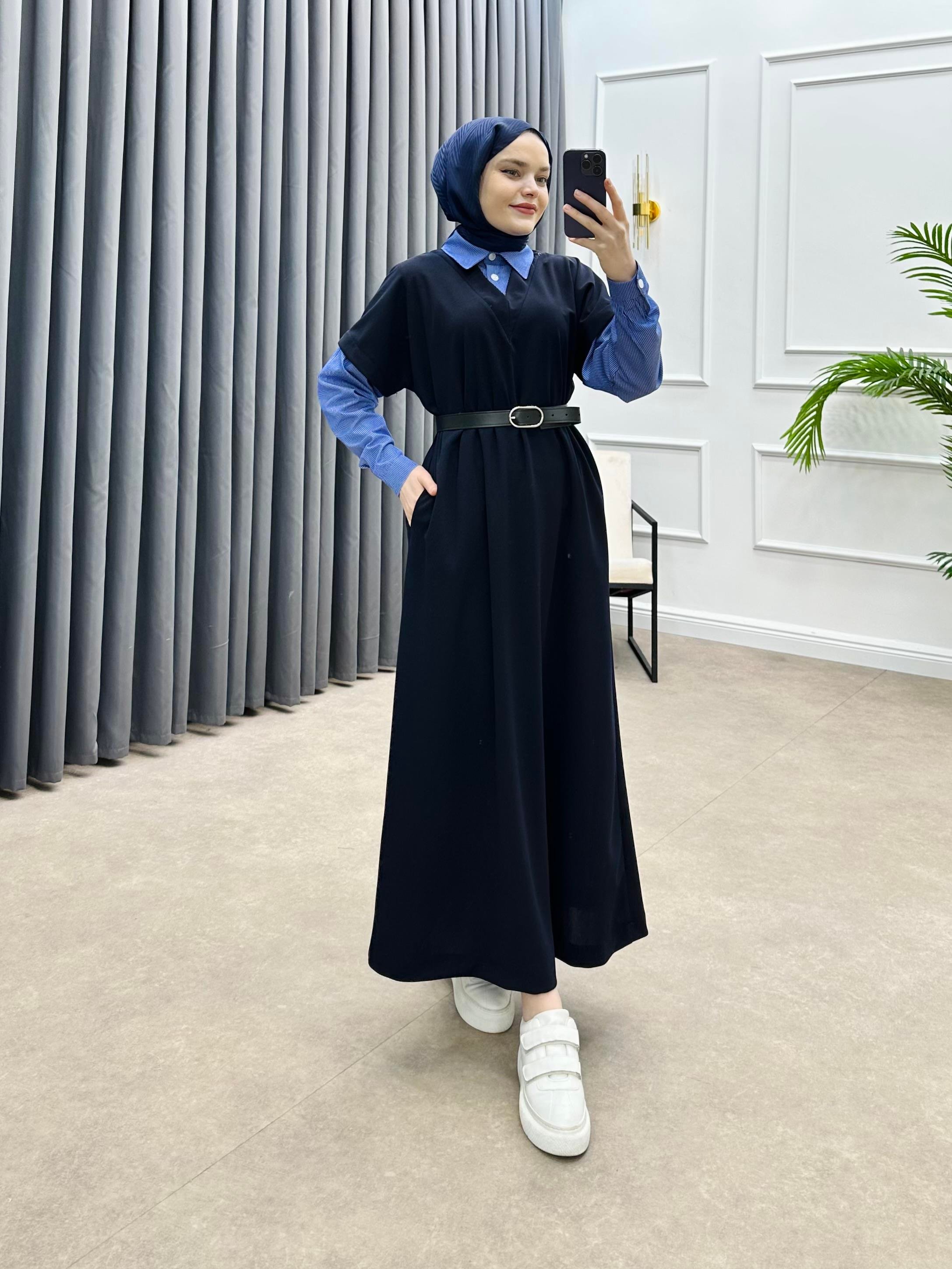 SÜVETER KREP ELBİSE LACİVERT