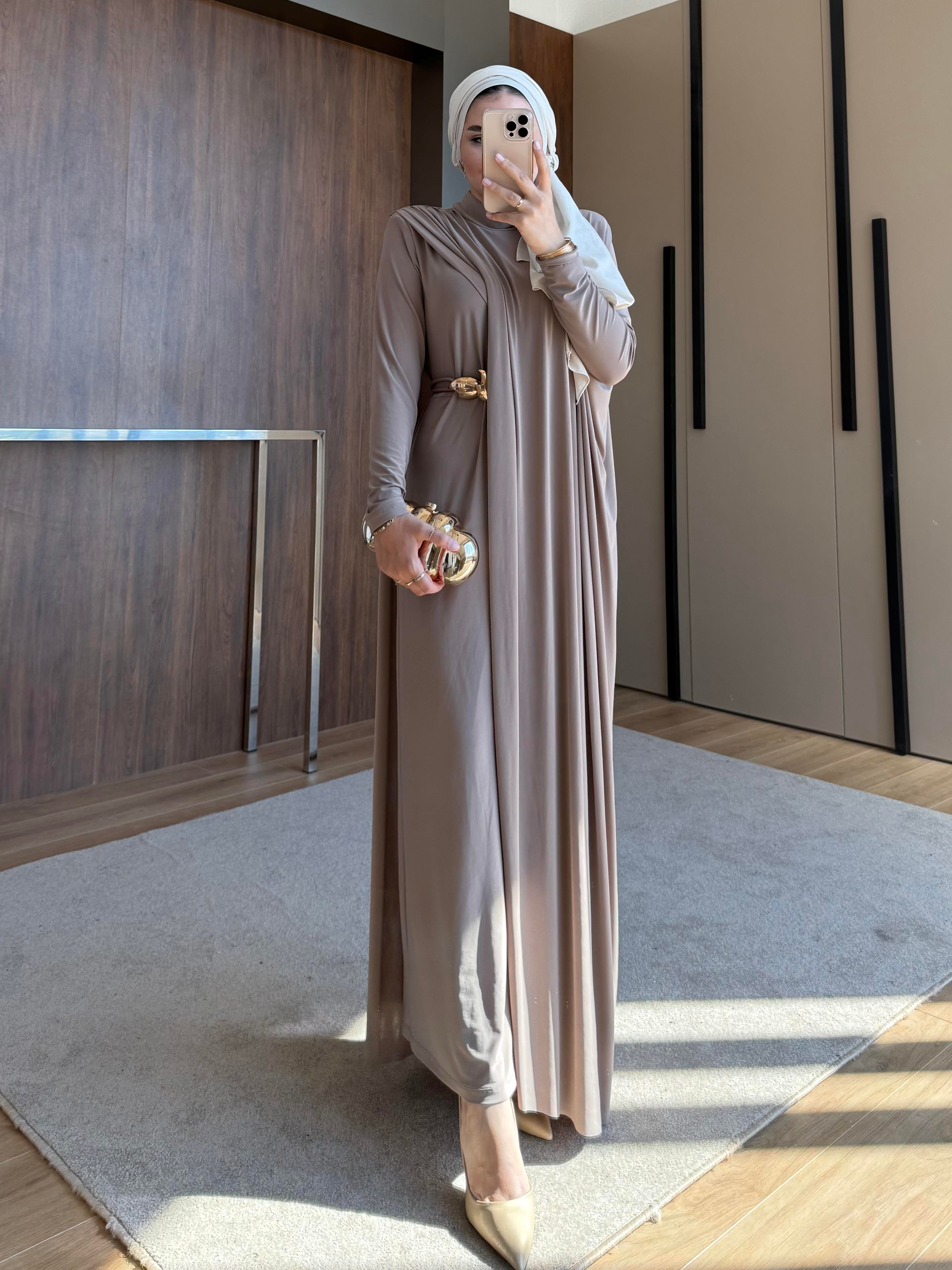 TABA KEMERLİ PENYE ELBİSE BEJ