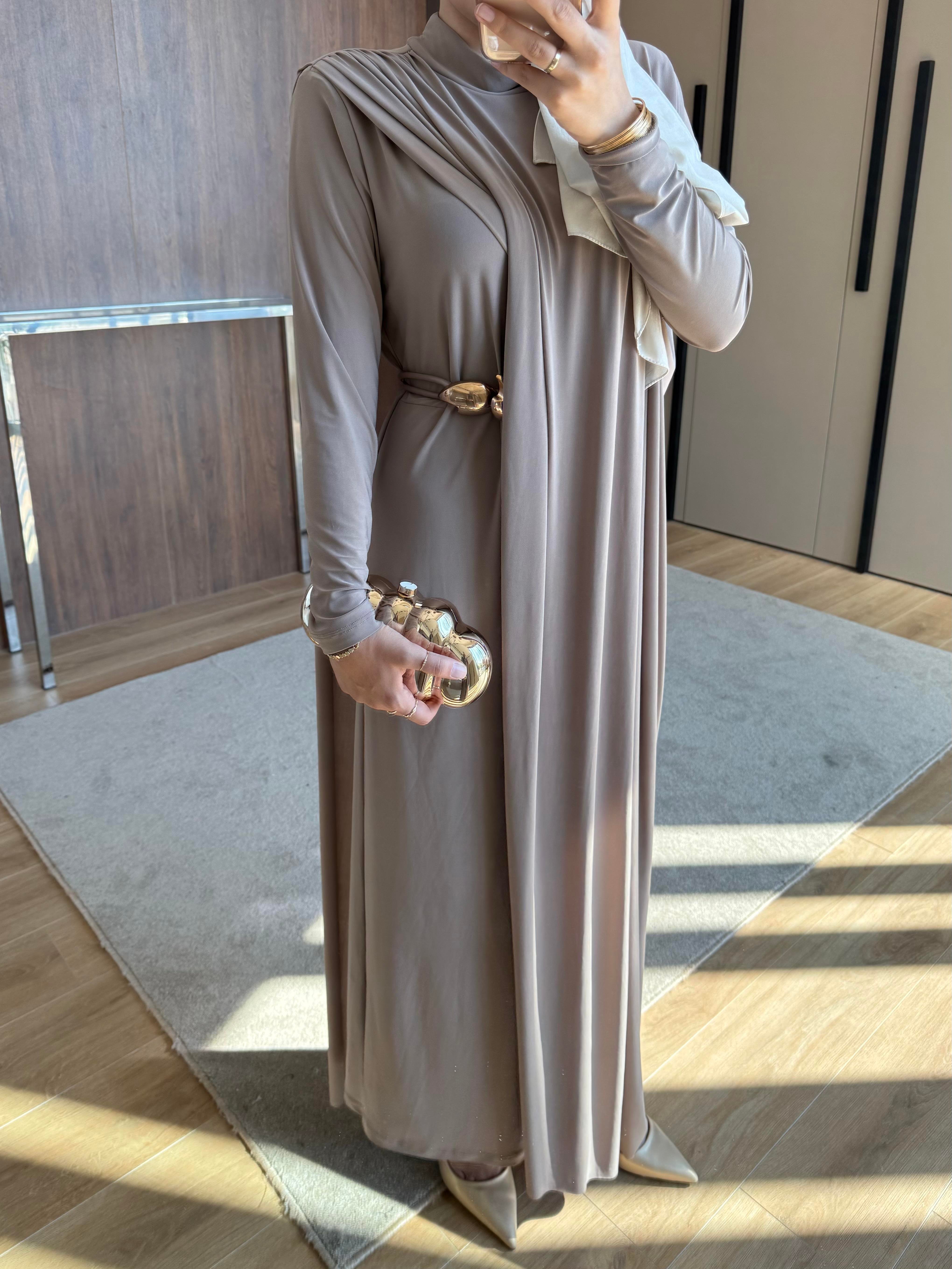 TABA KEMERLİ PENYE ELBİSE BEJ