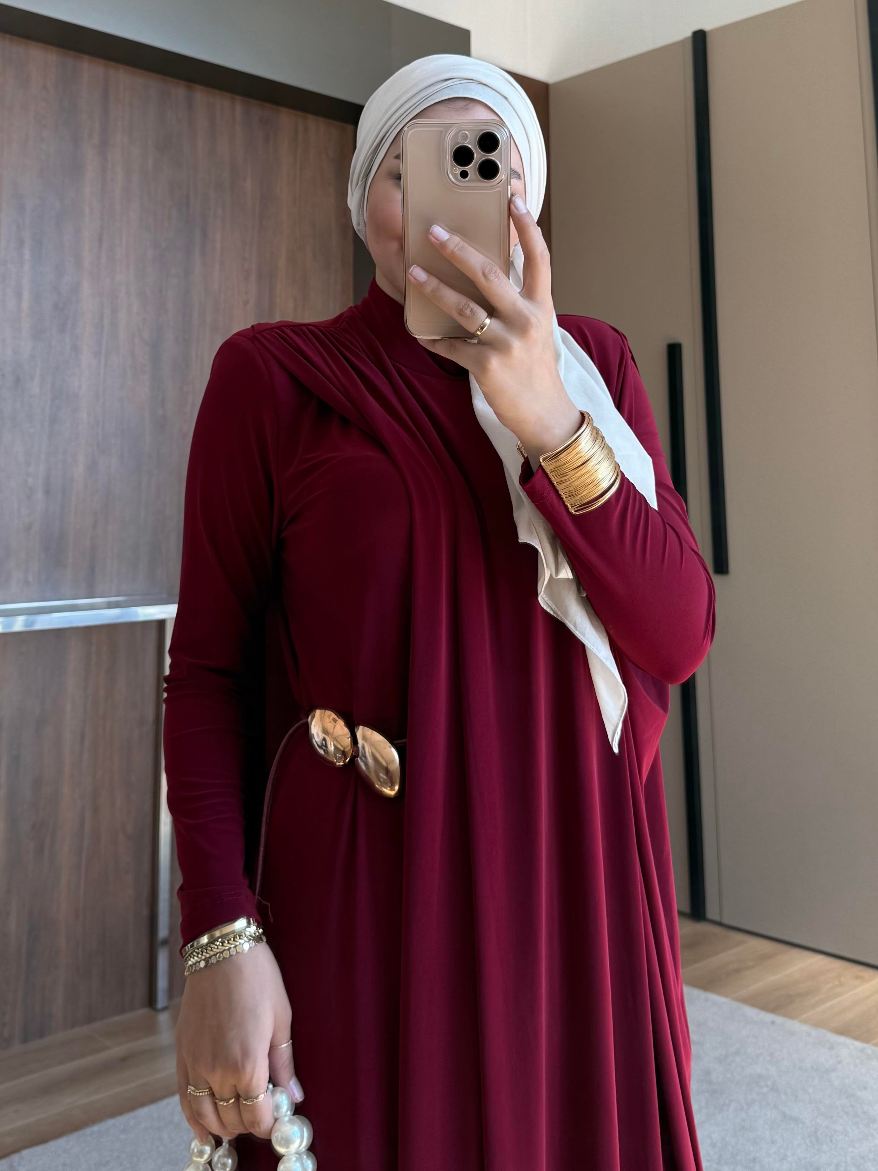 TABA KEMERLİ PENYE ELBİSE BORDO