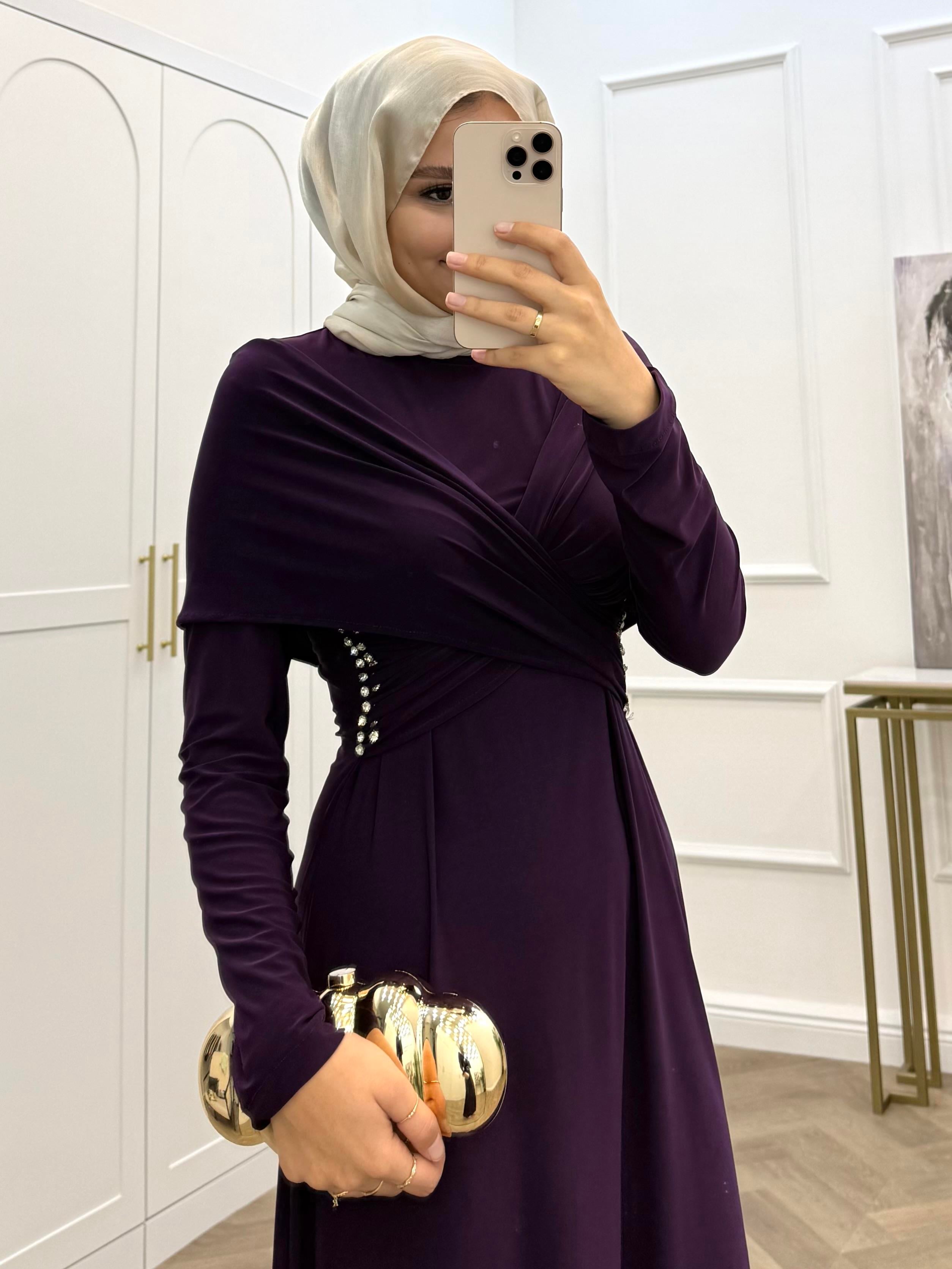 TASARIM TAŞLI SANDY ELBİSE  MOR 