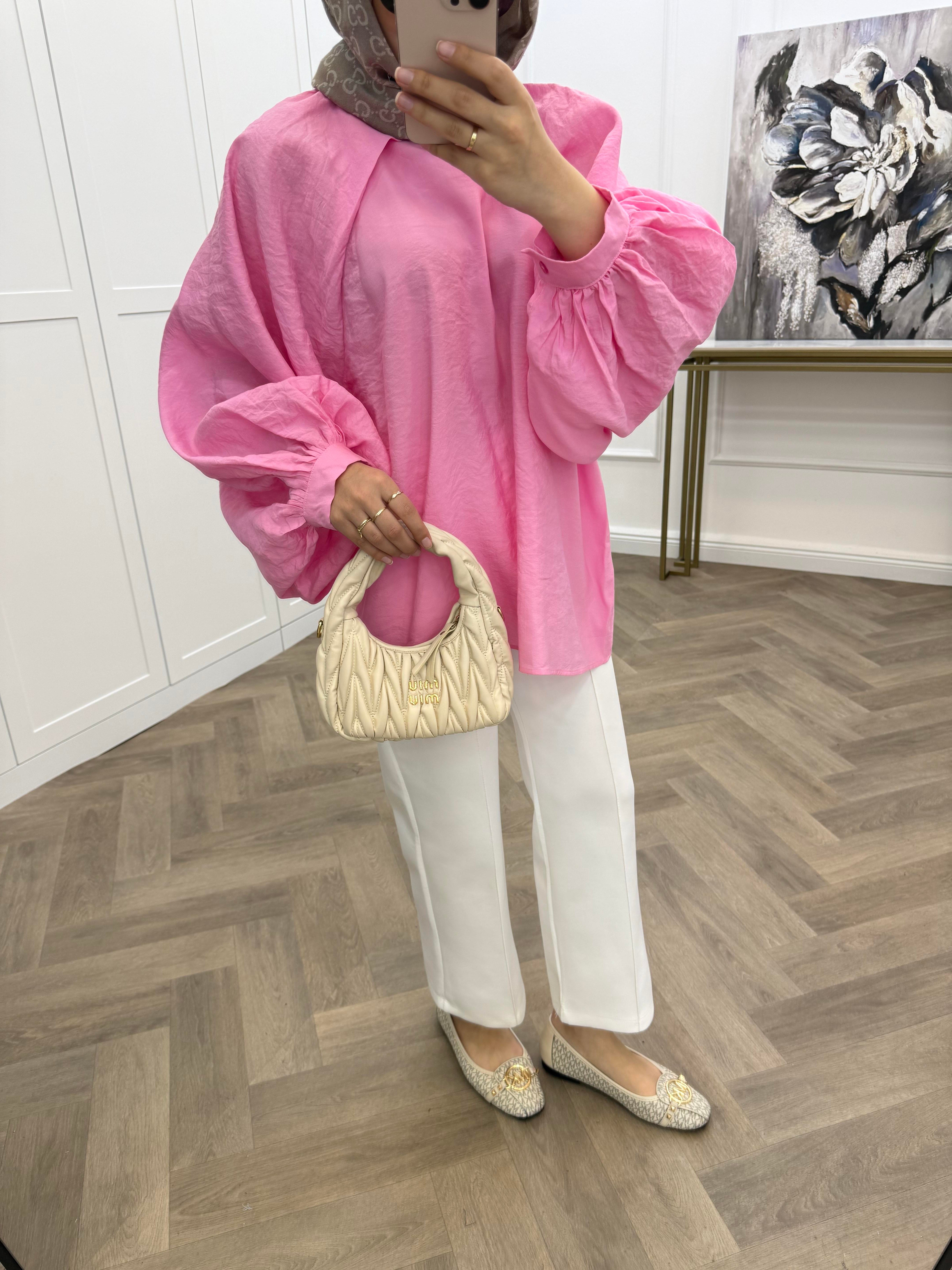 TASARIM YARASA KOL BLUZ PEMBE