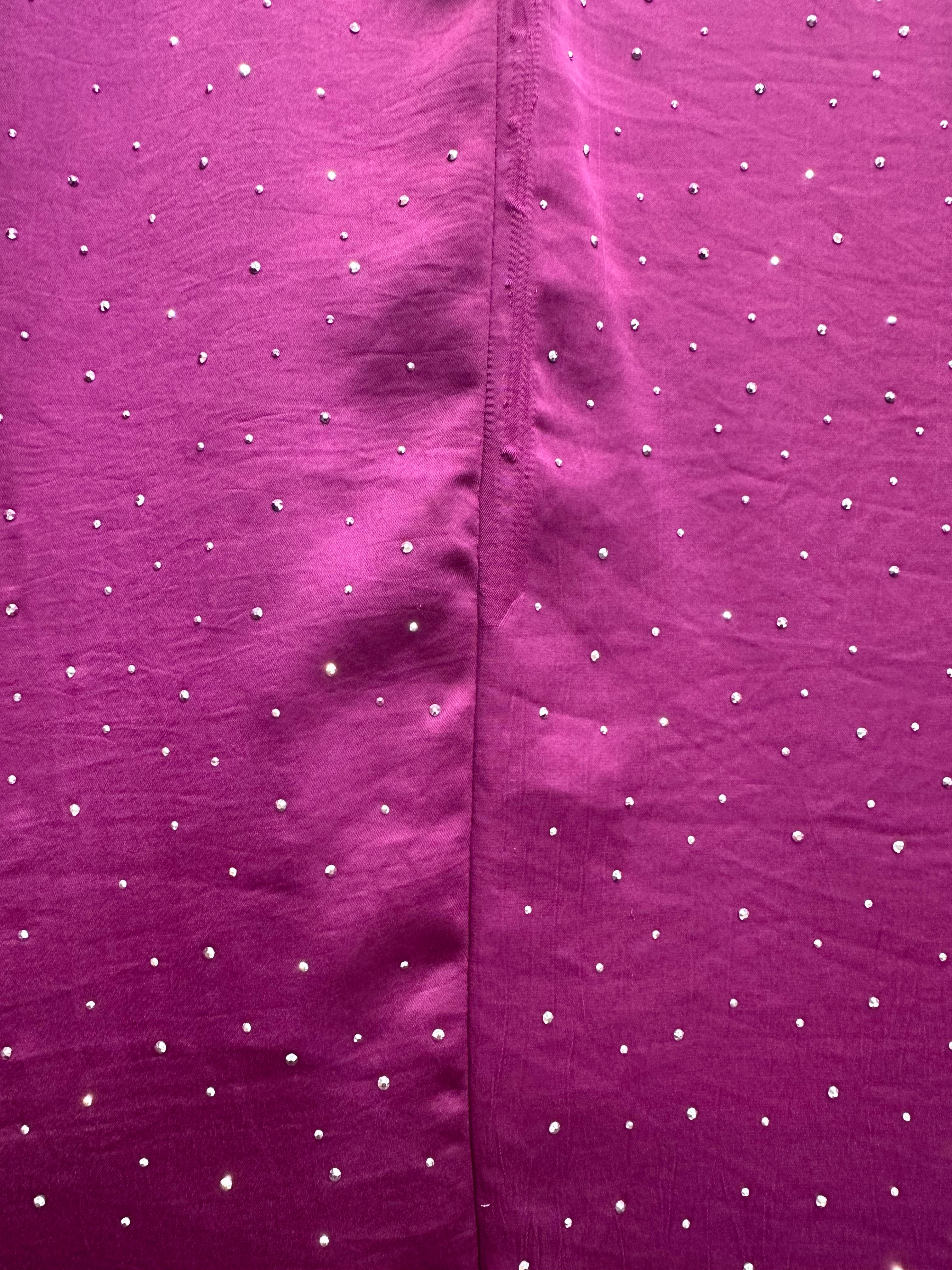 TAŞLI BALON KOL SATEN ELBİSE MOR