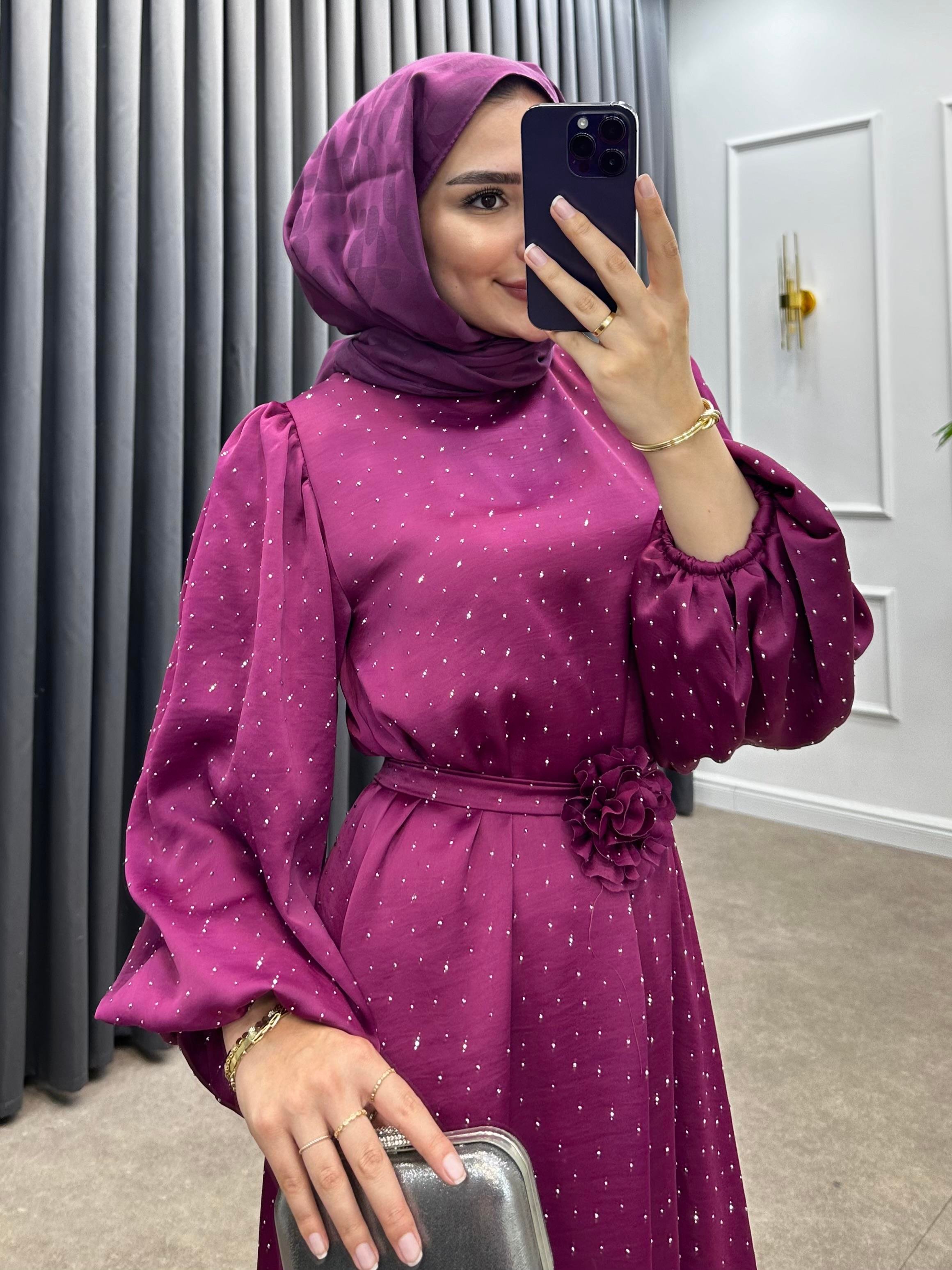 TAŞLI BALON KOL SATEN ELBİSE MOR