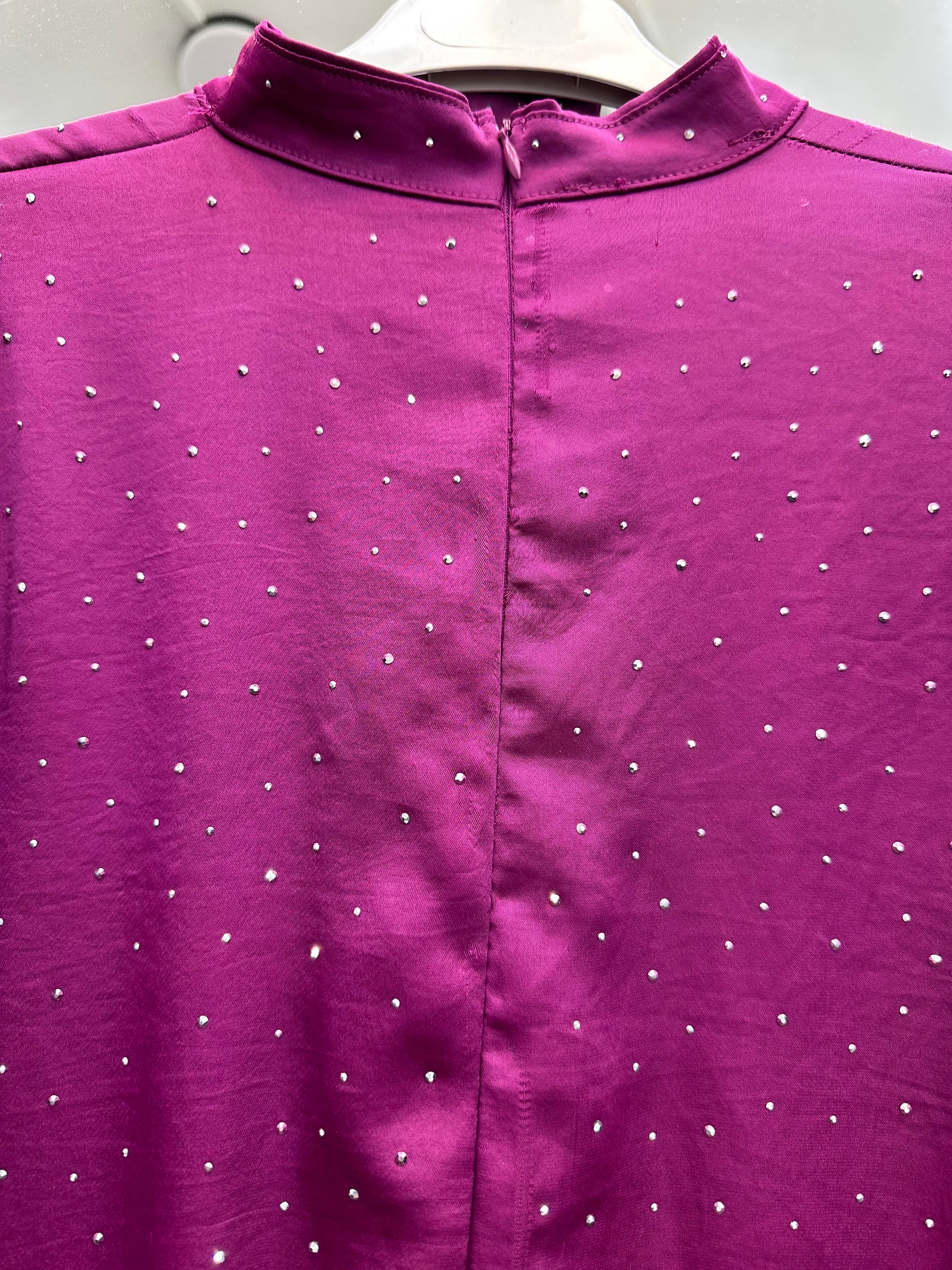 TAŞLI BALON KOL SATEN ELBİSE MOR