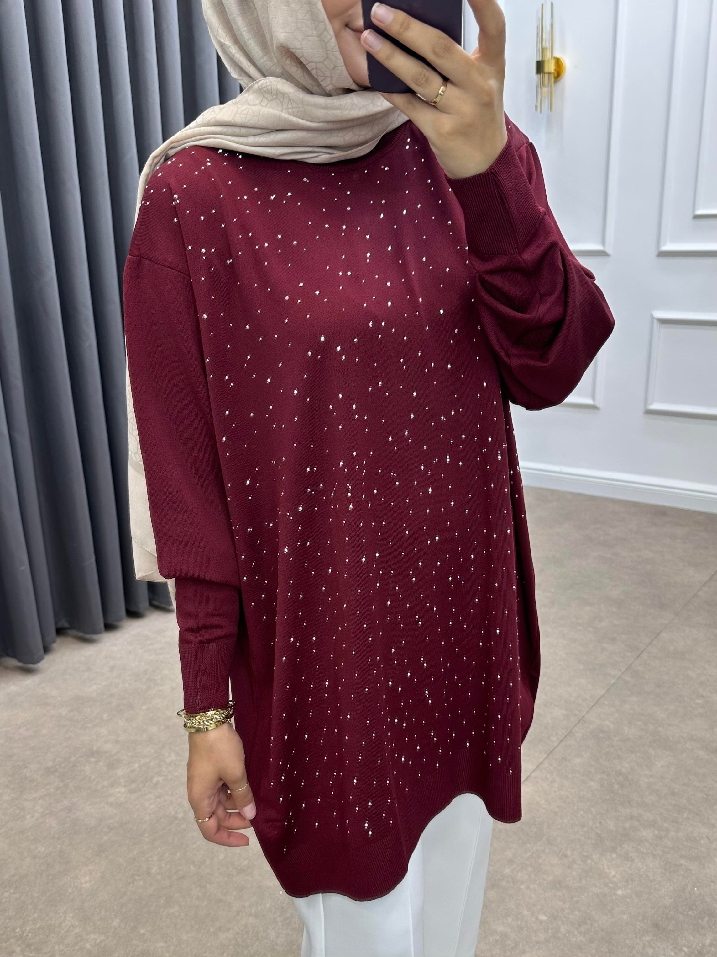TAŞLI MERSERİZE TUNİK BORDO