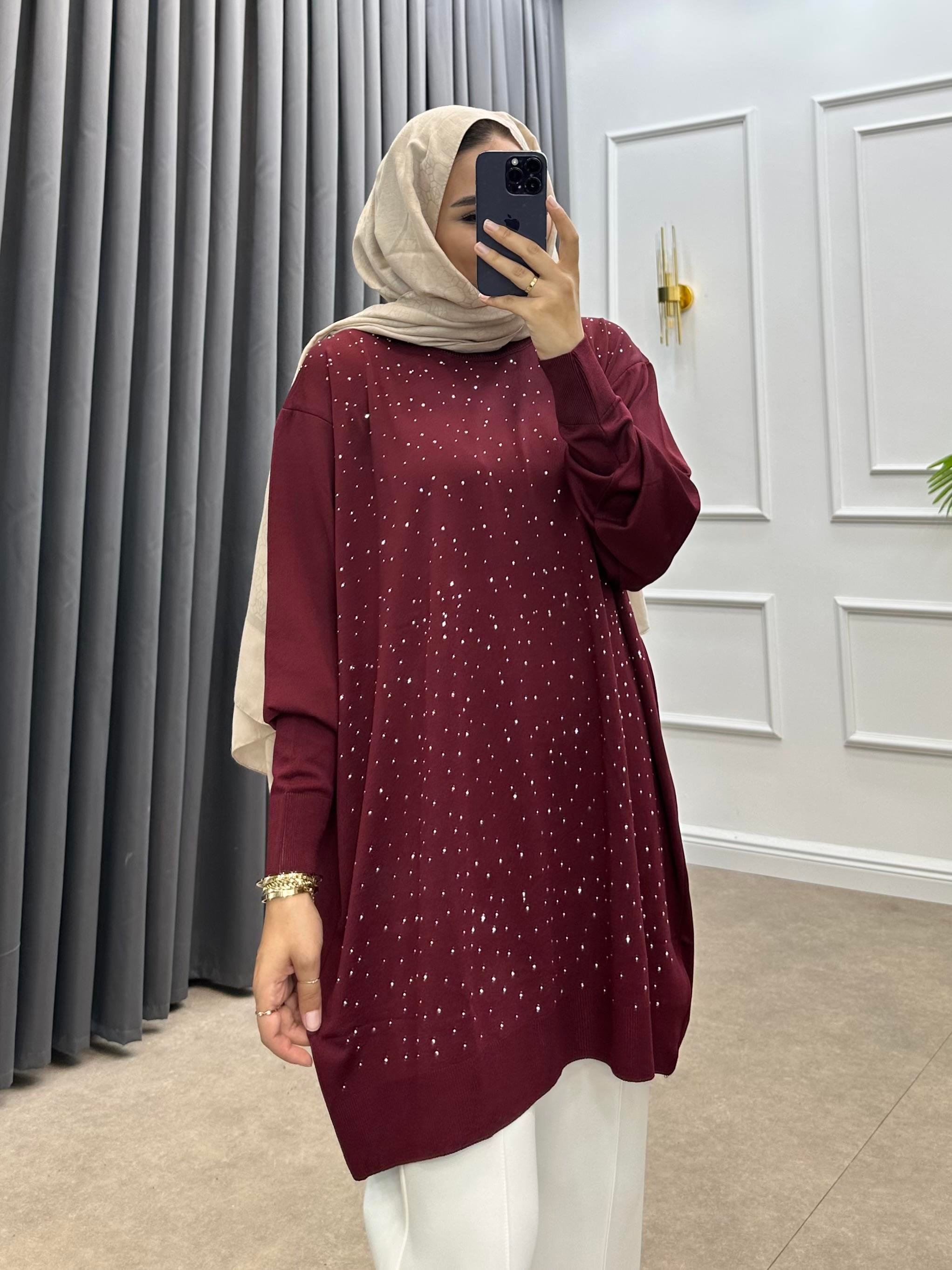 TAŞLI MERSERİZE TUNİK BORDO
