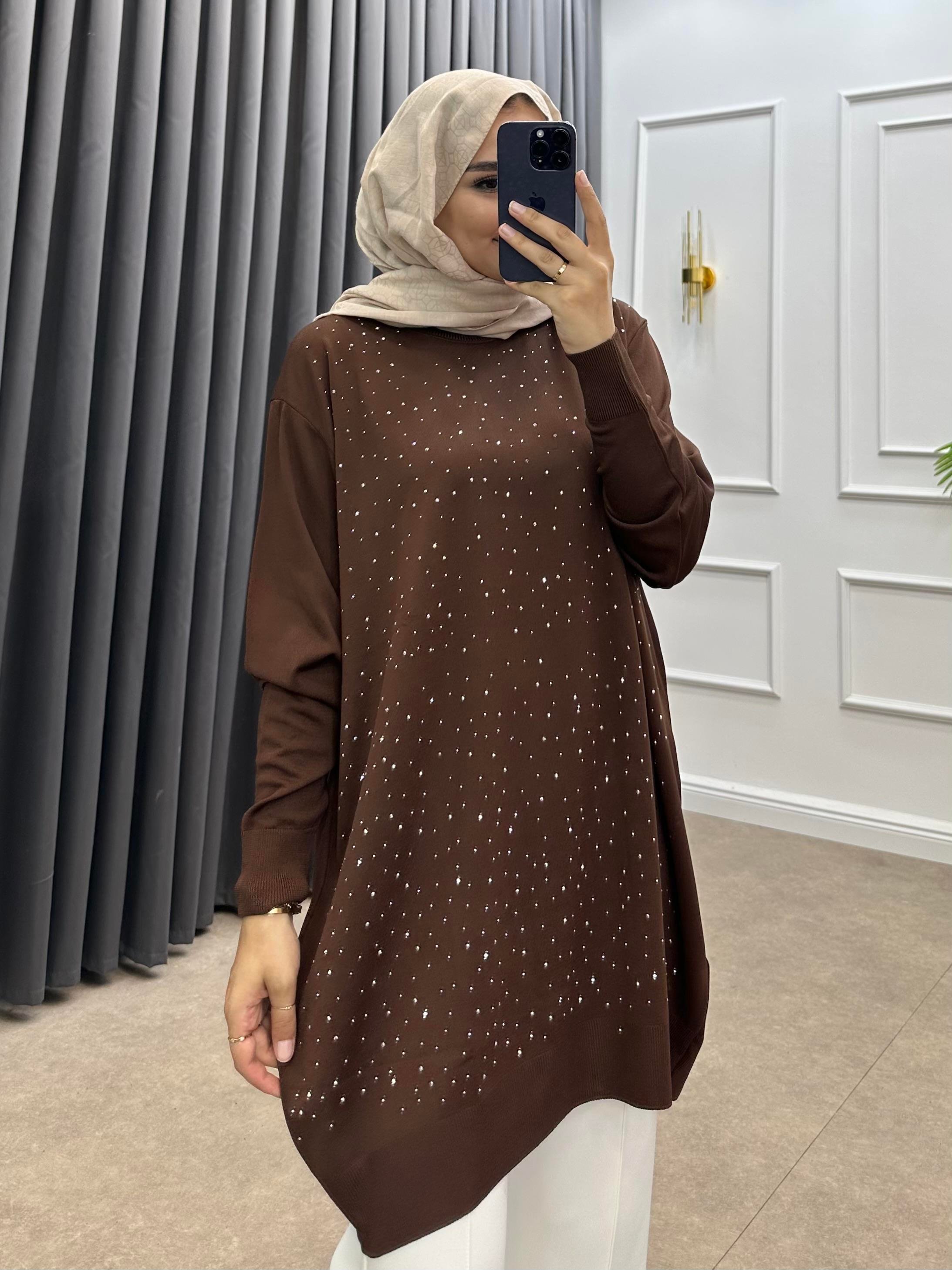 TAŞLI MERSERİZE TUNİK KAHVE