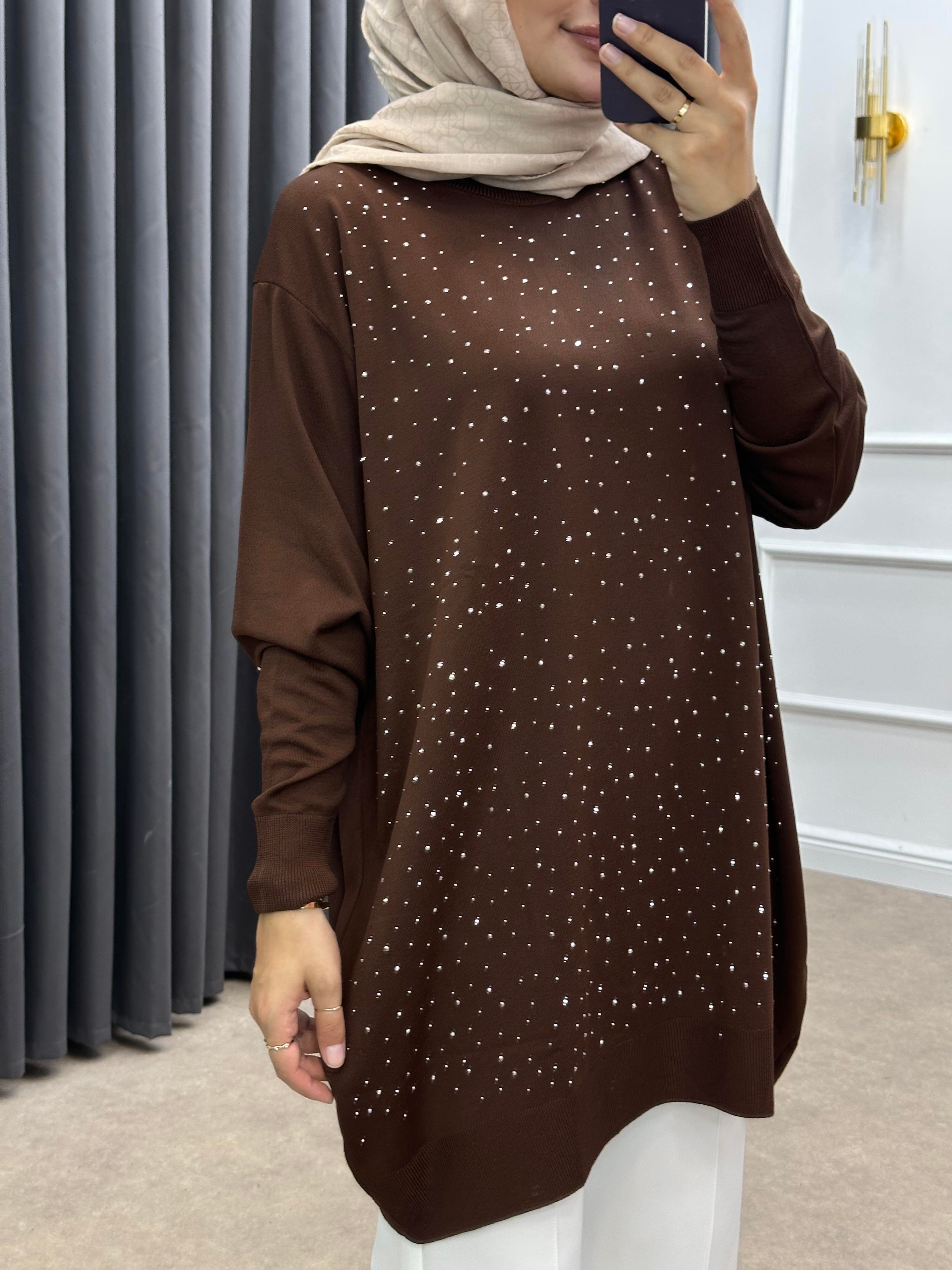 TAŞLI MERSERİZE TUNİK KAHVE